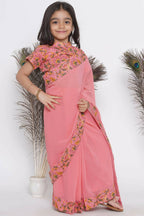 Little Bansi Floral Print Ready To Wear Saree And Floral Blouse - Coral