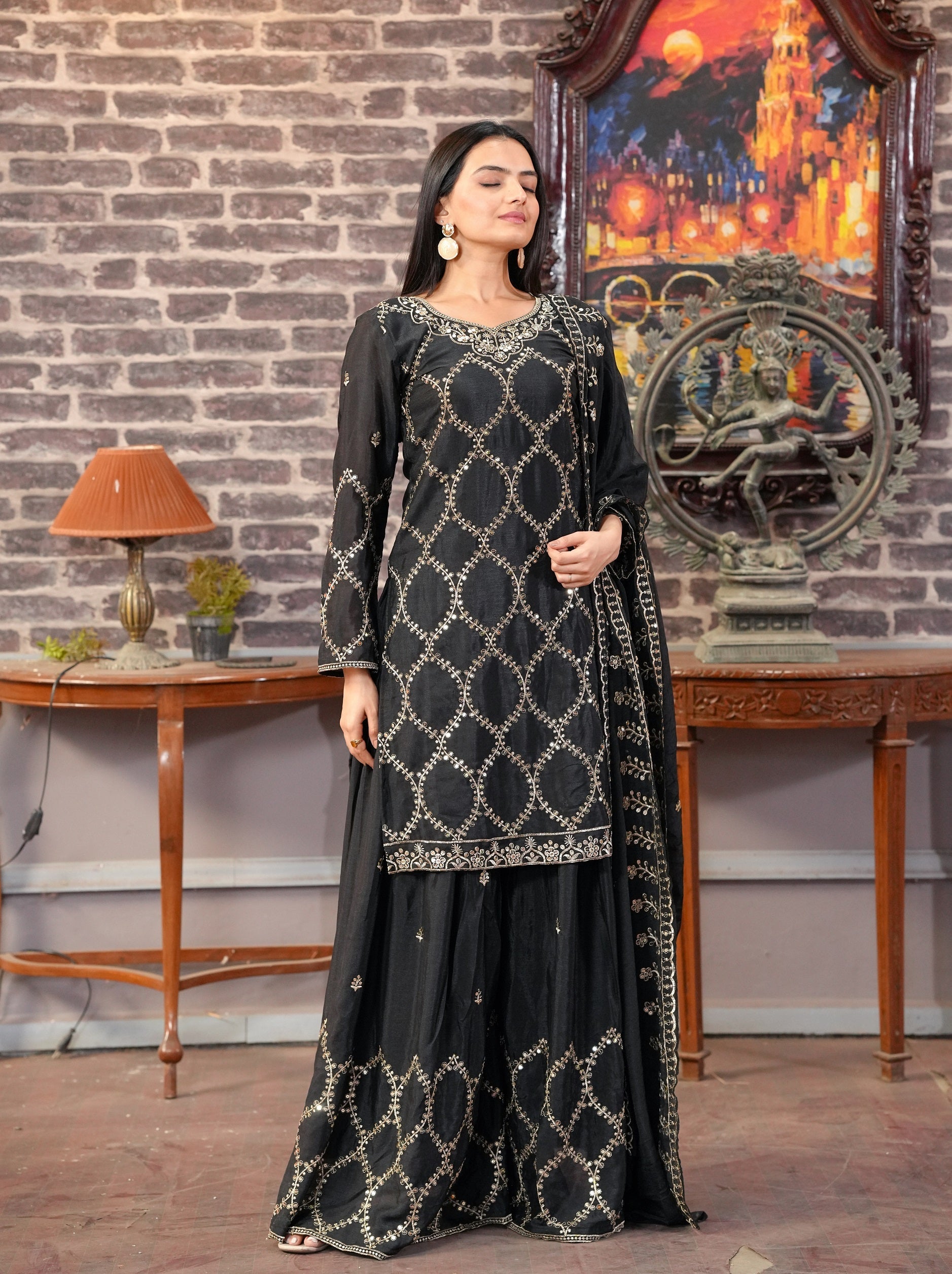 Lehenga Mart Designer Chinon Sharara Suit With Sequence Embroidered Work - Black - Distacart