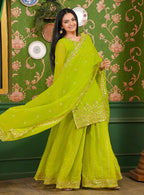 Lehenga Mart Designer Georgette Sharara Suit With Sequence Embroidered Work - Parrot Green - Distacart