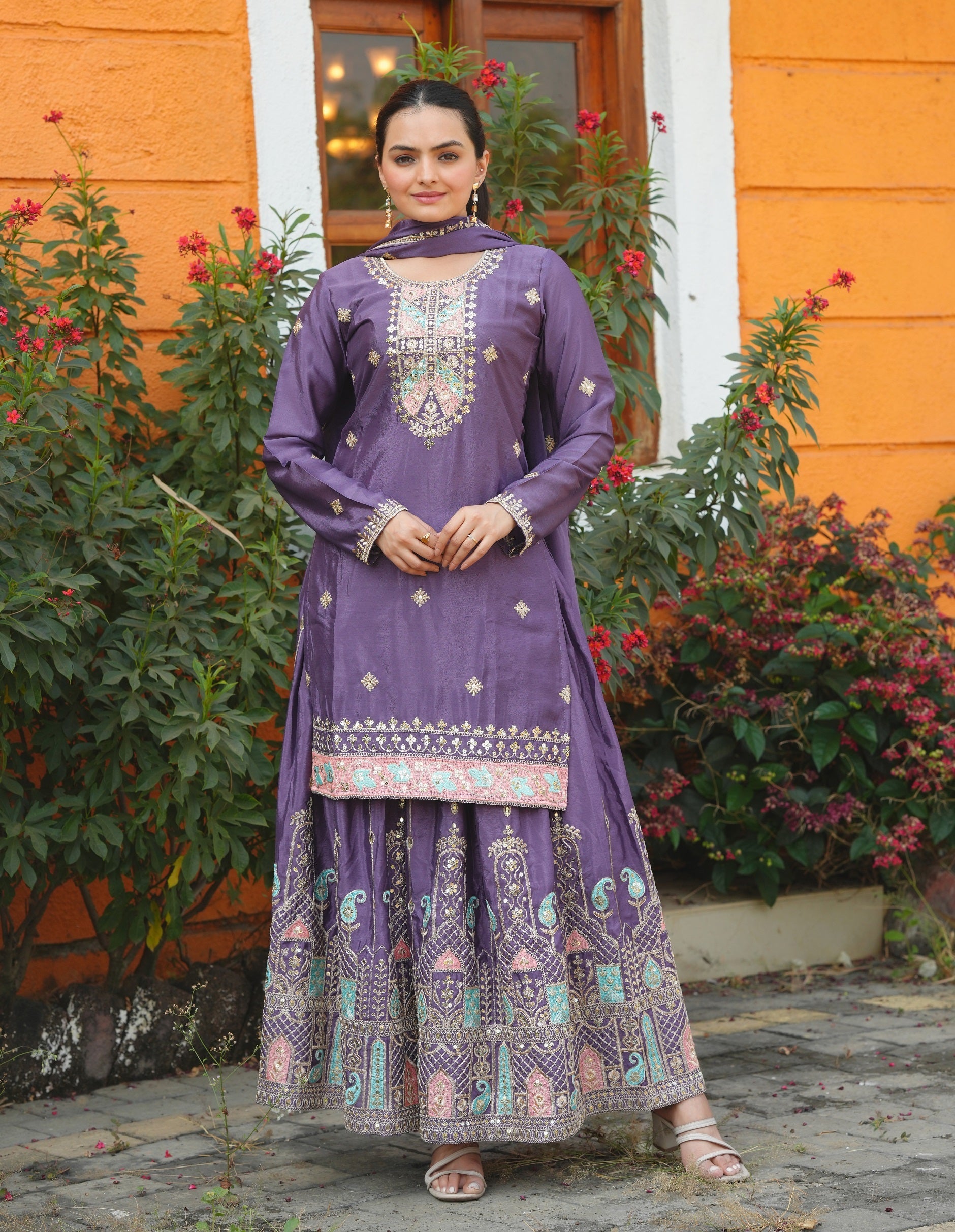 Lehenga Mart Designer Chinon Sharara Suit With Sequence Embroidered Work - Purple - Distacart