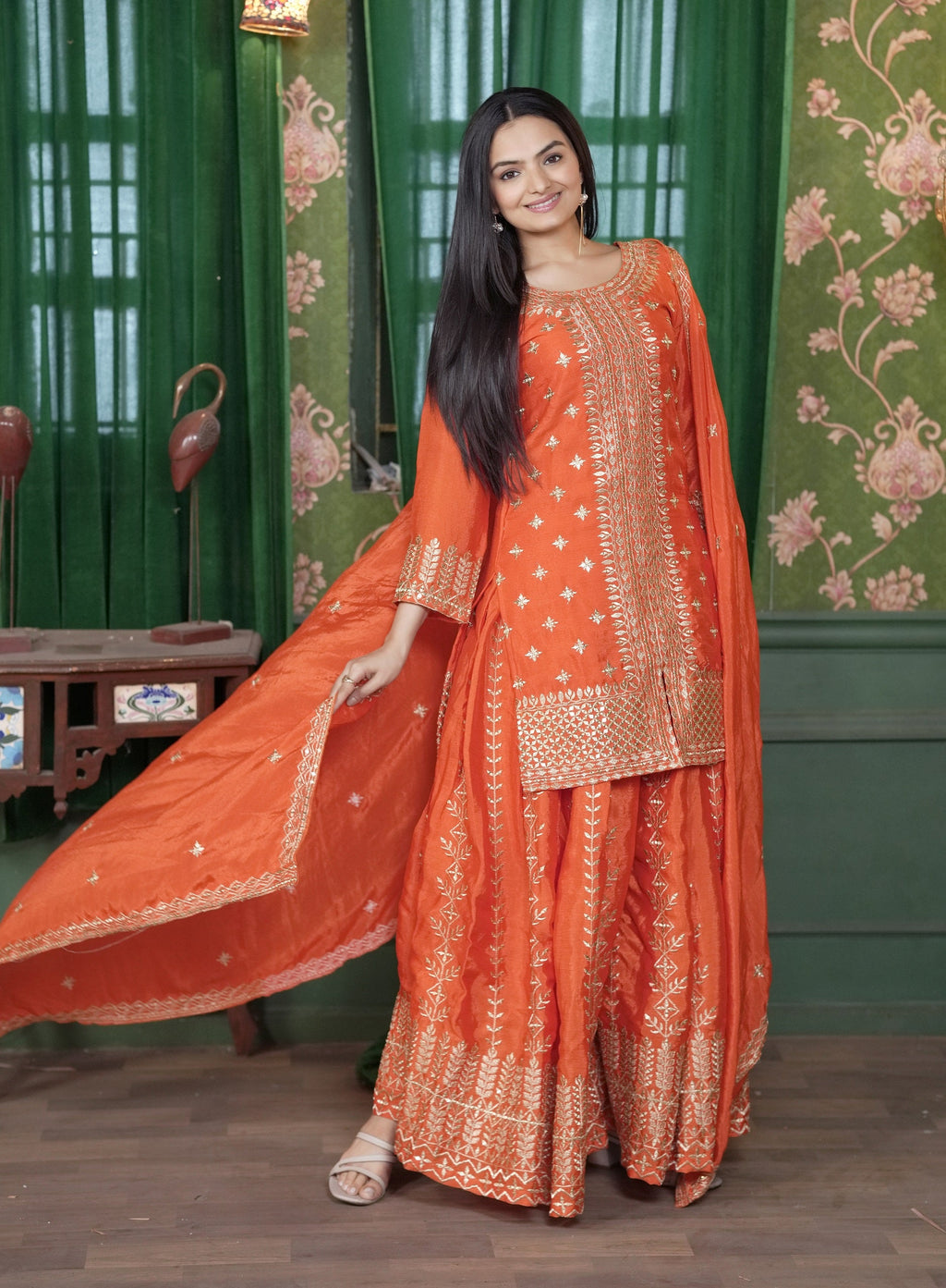 Lehenga Mart Designer Chinon Sharara Suit With Sequence Embroidered Work - Orange - Distacart