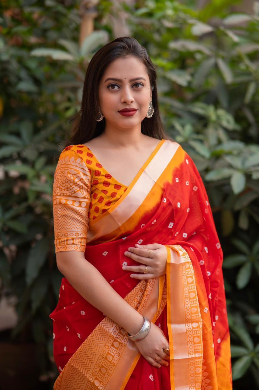 Red Jute Silk Ethnic Motifs Saree with Unstitched Blouse - A2M - Distacart