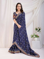Blue Vichitra Silk Bandhani Printed, Embroidery Work Saree - Ditya