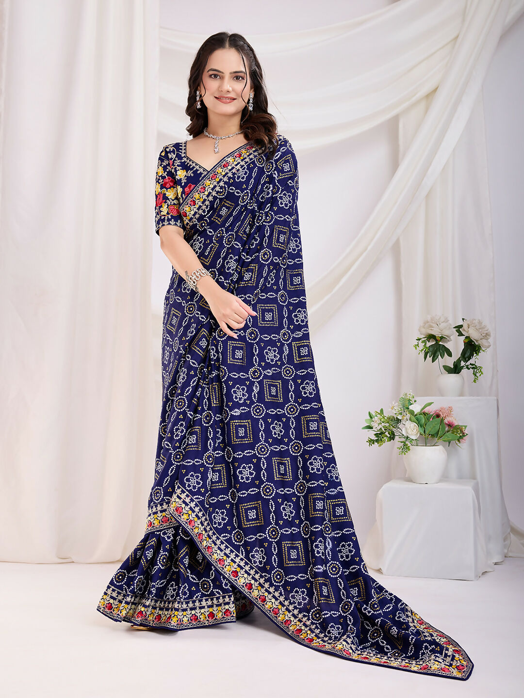 Blue Vichitra Silk Bandhani Printed, Embroidery Work Saree - Ditya