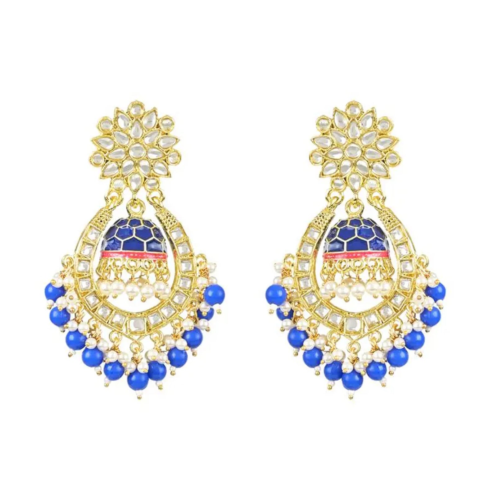 Jewel City Royal Blue and Gold-Plated Kundan Chandbali Earrings – Traditional Indian Jhumka Earrings with Pearls - Distacart
