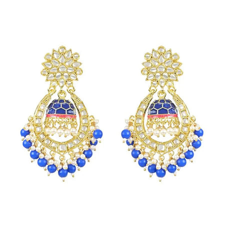 Jewel City Royal Blue and Gold-Plated Kundan Chandbali Earrings – Traditional Indian Jhumka Earrings with Pearls