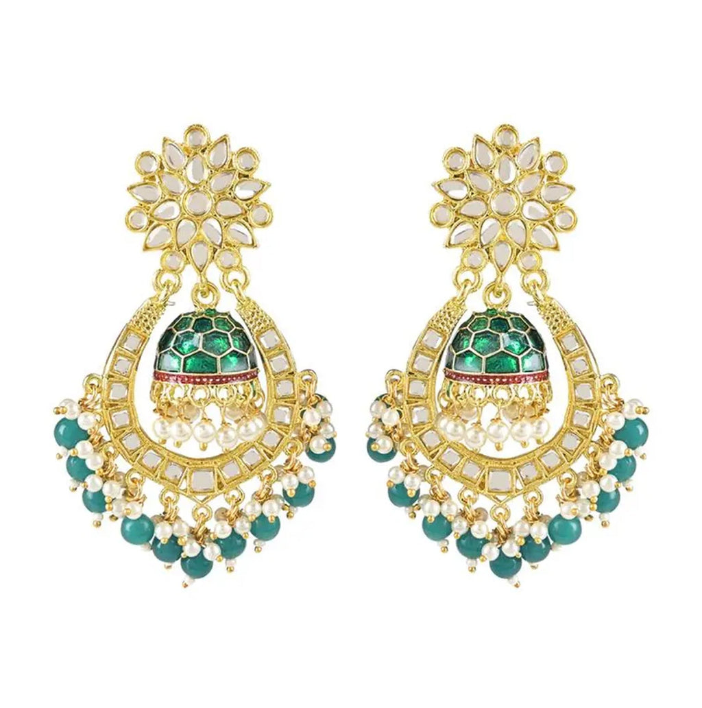 Jewel City Green and Gold-Plated Kundan Chandbali Earrings – Traditional Indian Jhumka Earrings with Pearls - Distacart