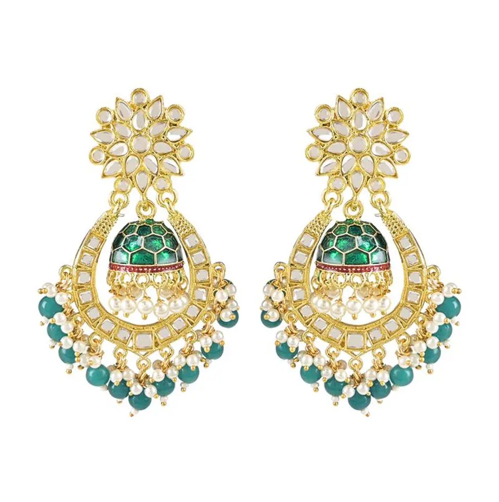 Jewel City Green and Gold-Plated Kundan Chandbali Earrings – Traditional Indian Jhumka Earrings with Pearls - Distacart