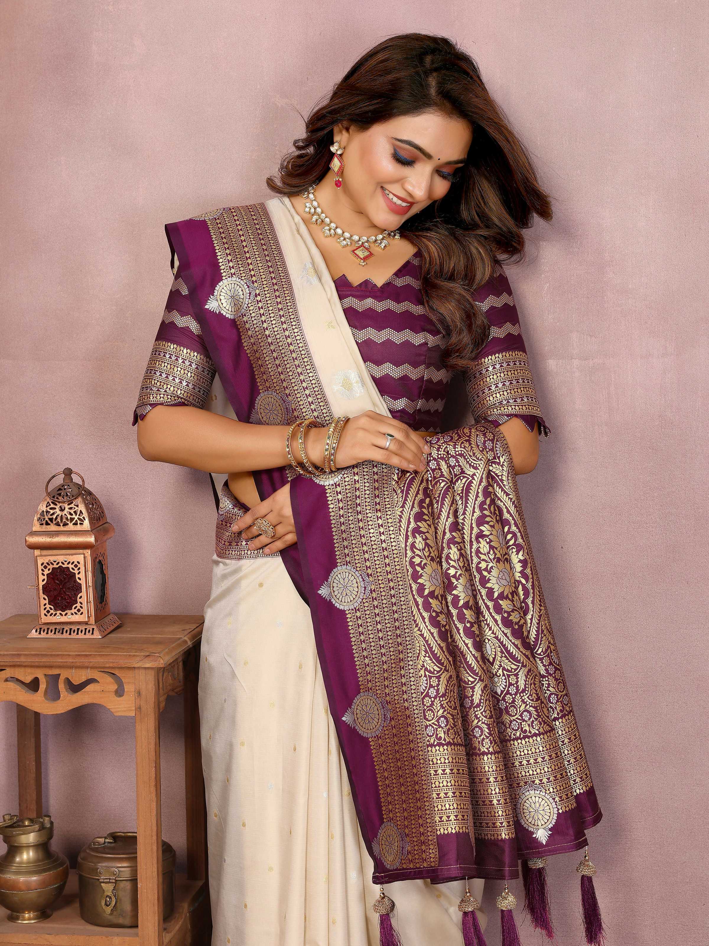 Aastha Fashion Cream Silk Sarees Weaving Saree - Distacart