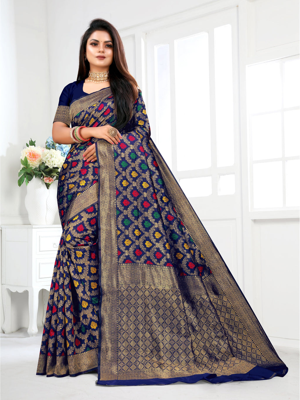 Vedant Vastram Litchi Silk Designer Banarasi Saree - Navy