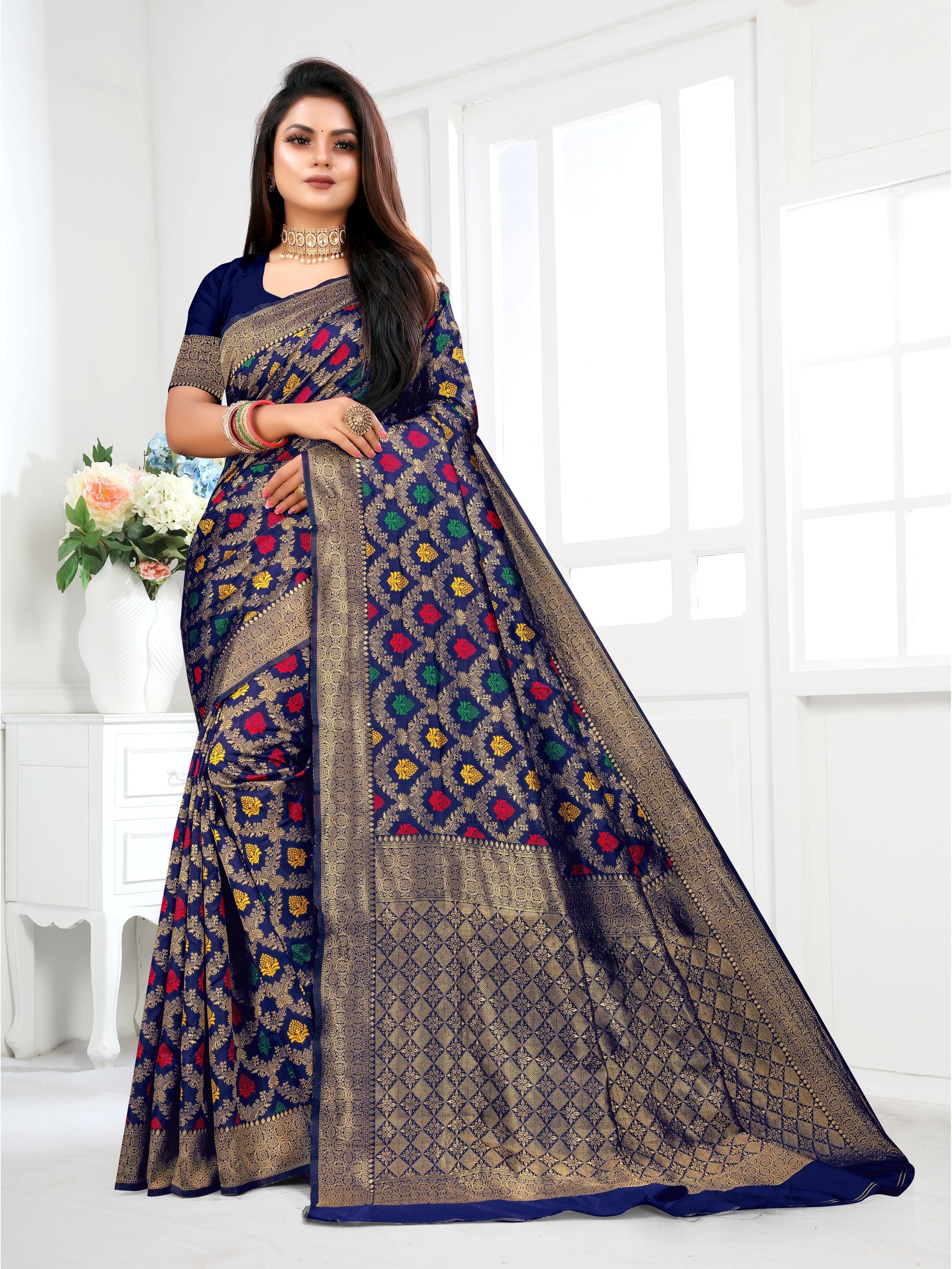 Vedant Vastram Litchi Silk Designer Banarasi Saree - Navy