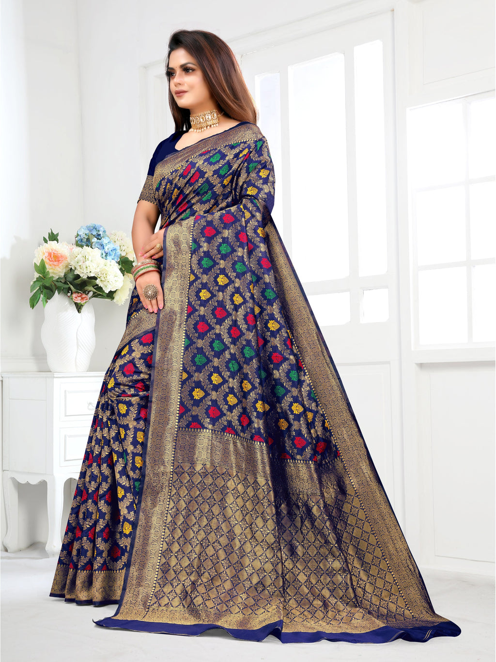 Vedant Vastram Litchi Silk Designer Banarasi Saree - Navy