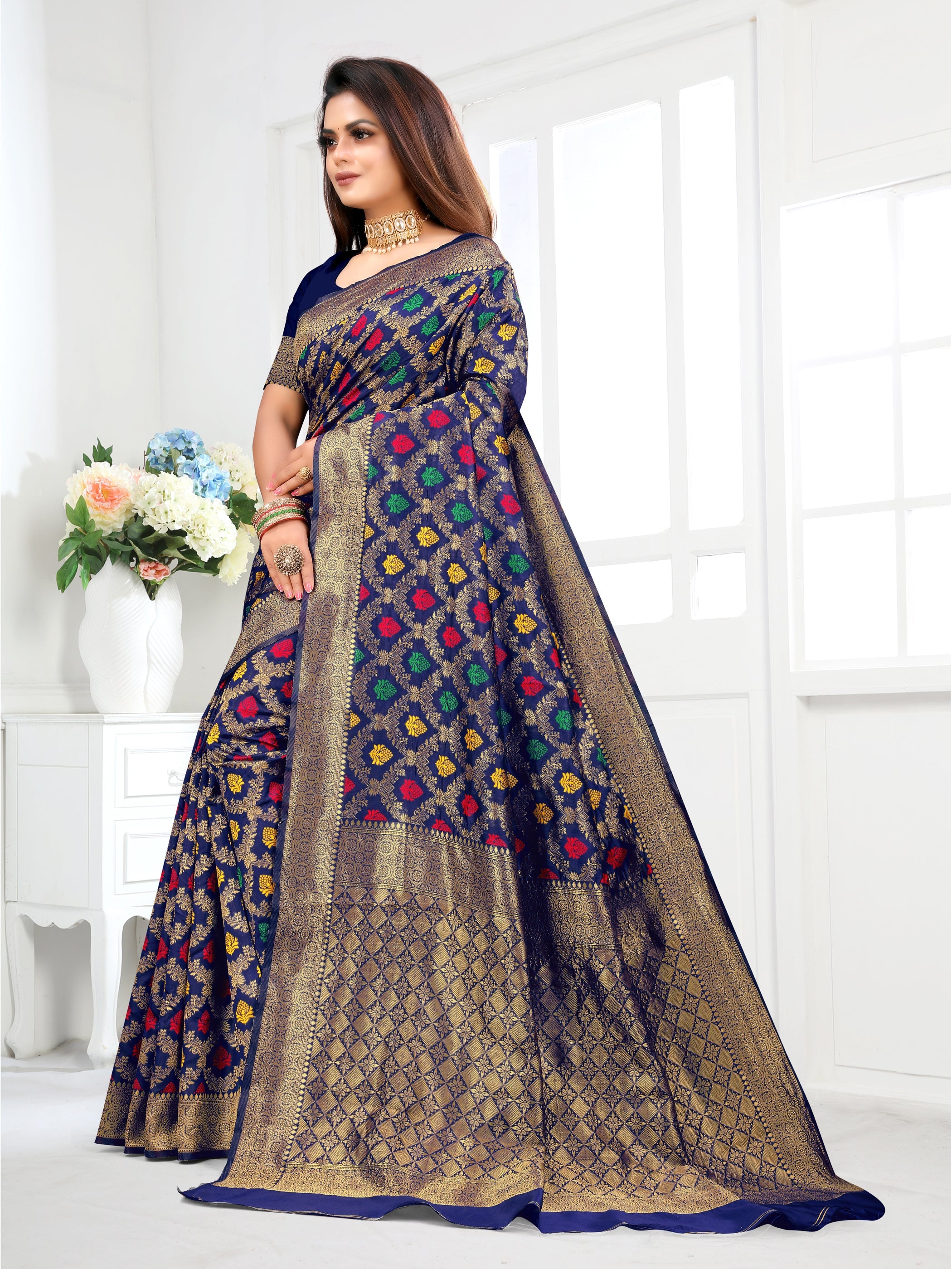 Vedant Vastram Litchi Silk Designer Banarasi Saree - Navy