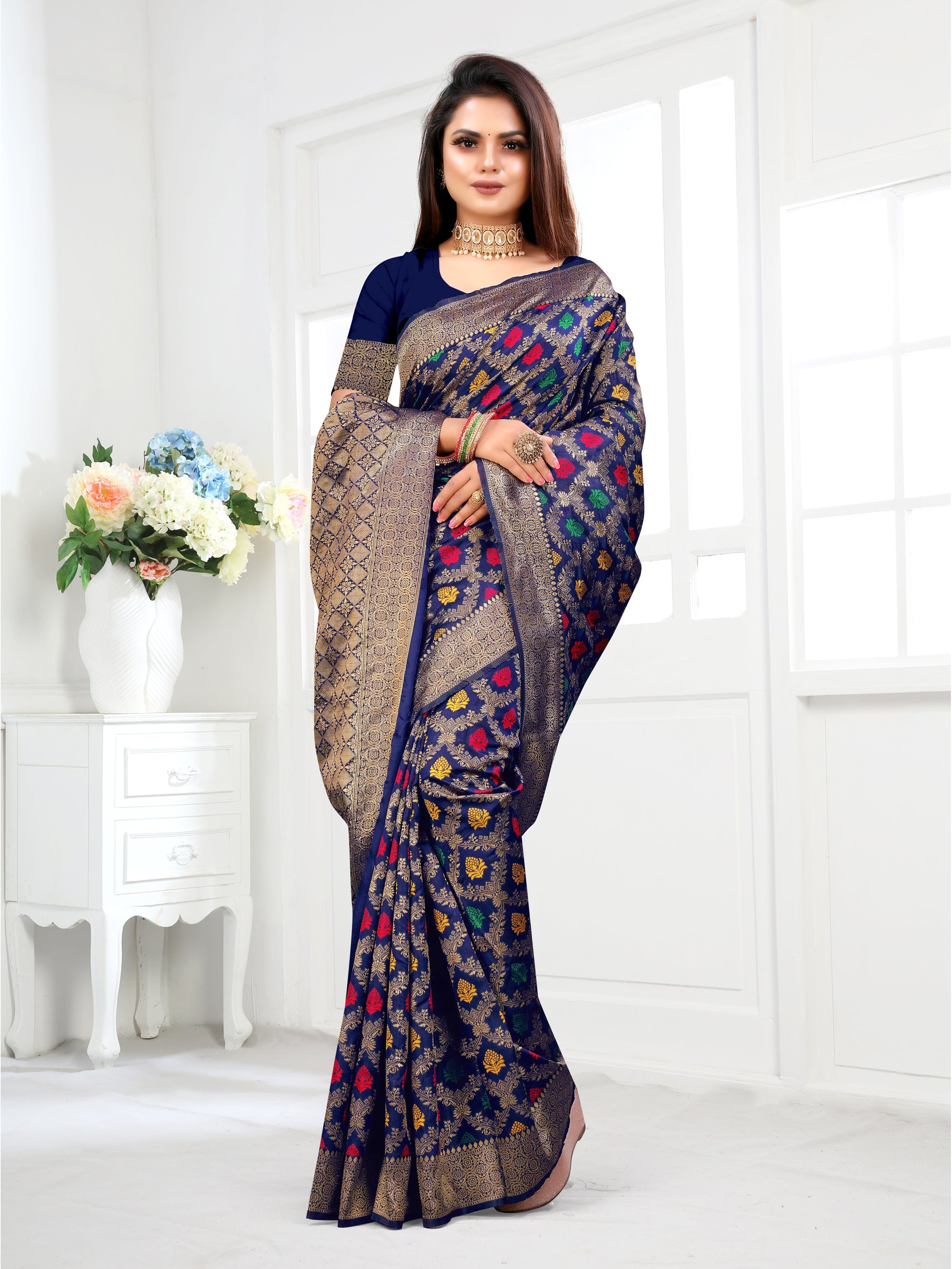 Vedant Vastram Litchi Silk Designer Banarasi Saree - Navy