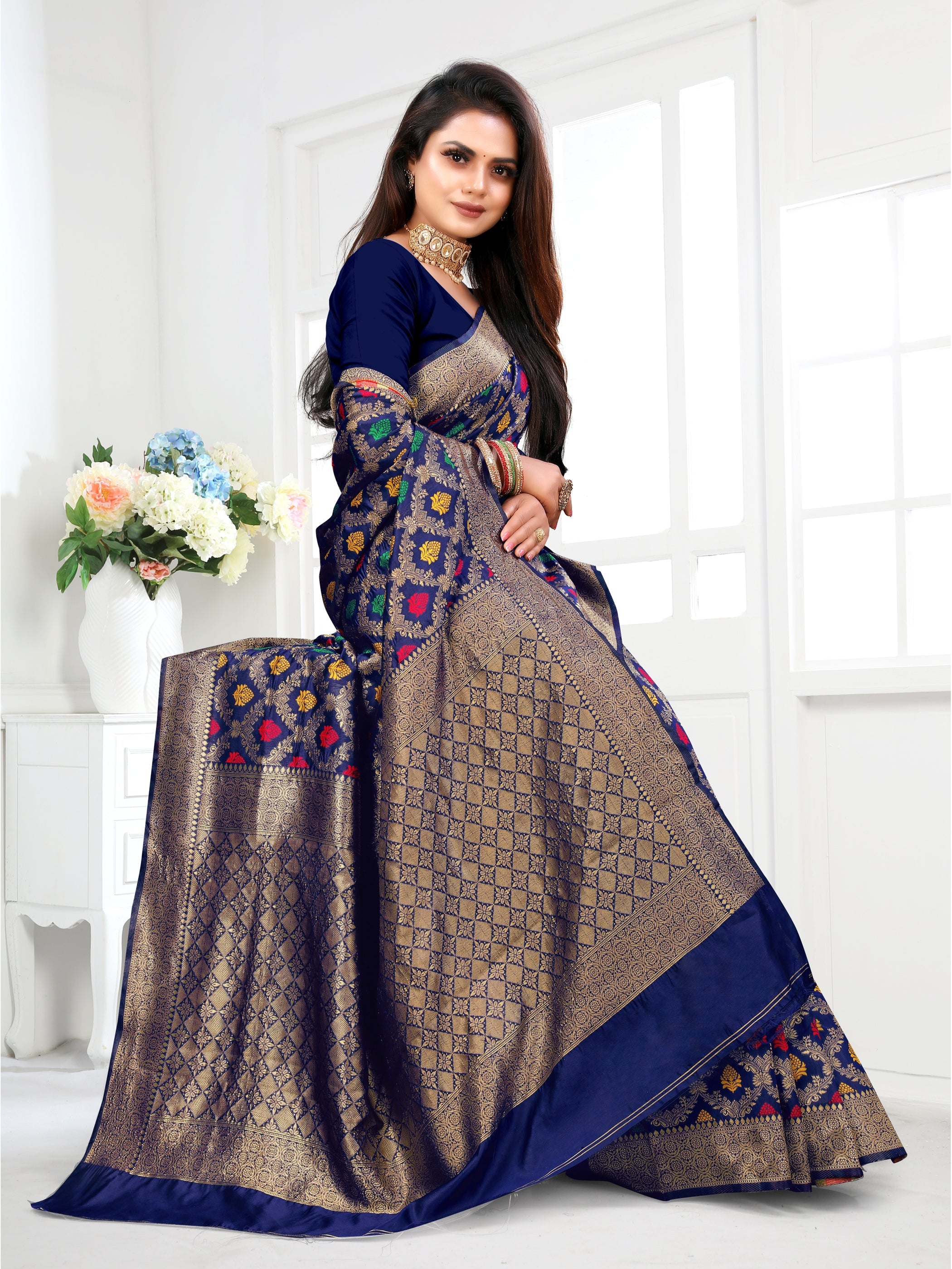 Vedant Vastram Litchi Silk Designer Banarasi Saree - Navy