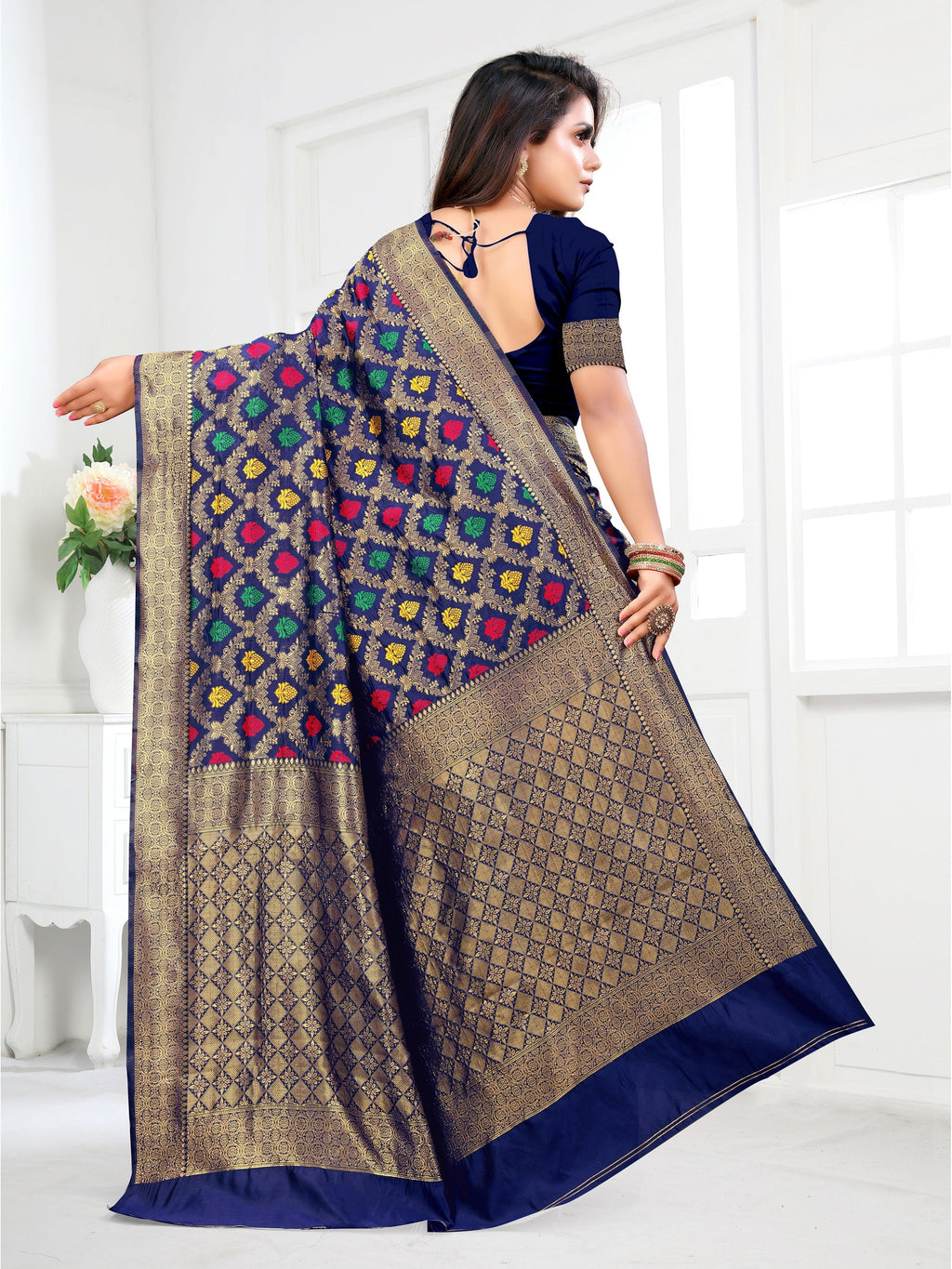 Vedant Vastram Litchi Silk Designer Banarasi Saree - Navy