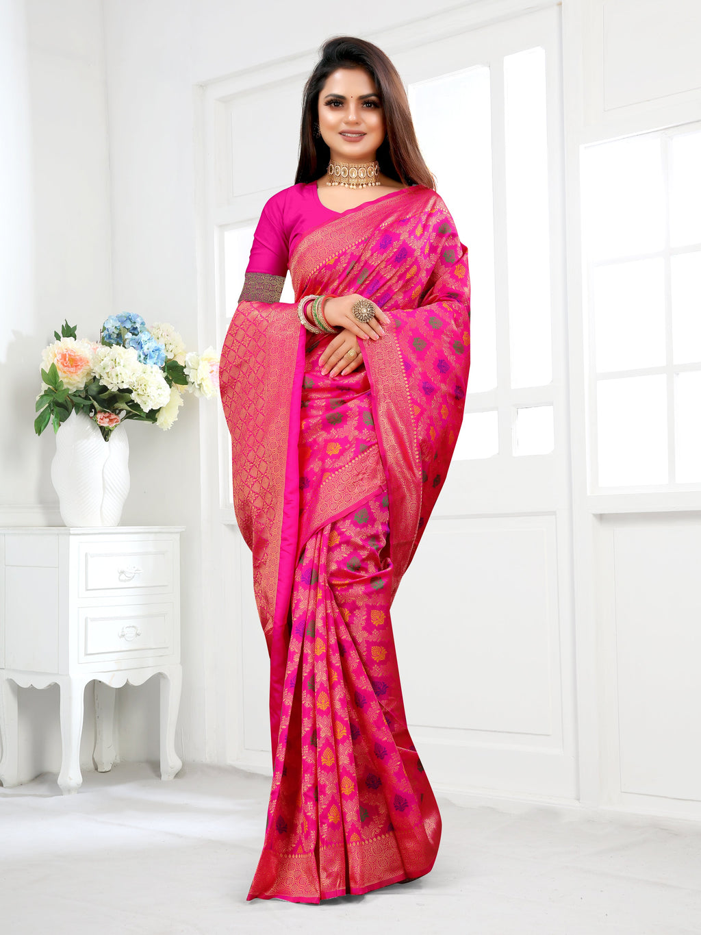 Vedant Vastram Litchi Silk Designer Banarasi Saree - Pink - Distacart