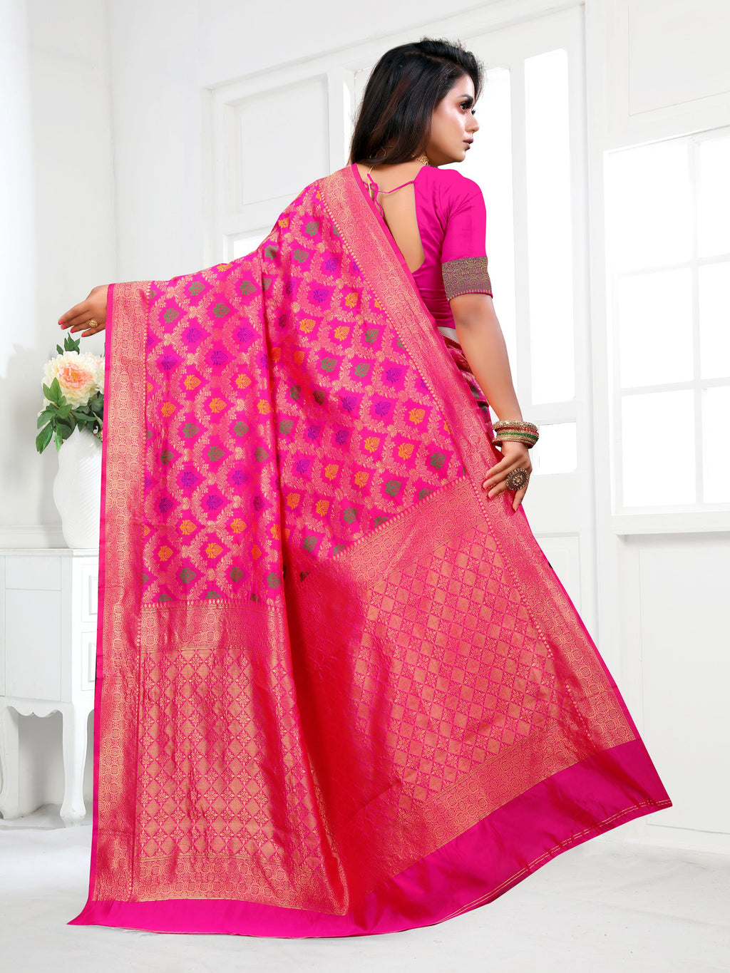 Vedant Vastram Litchi Silk Designer Banarasi Saree - Pink - Distacart