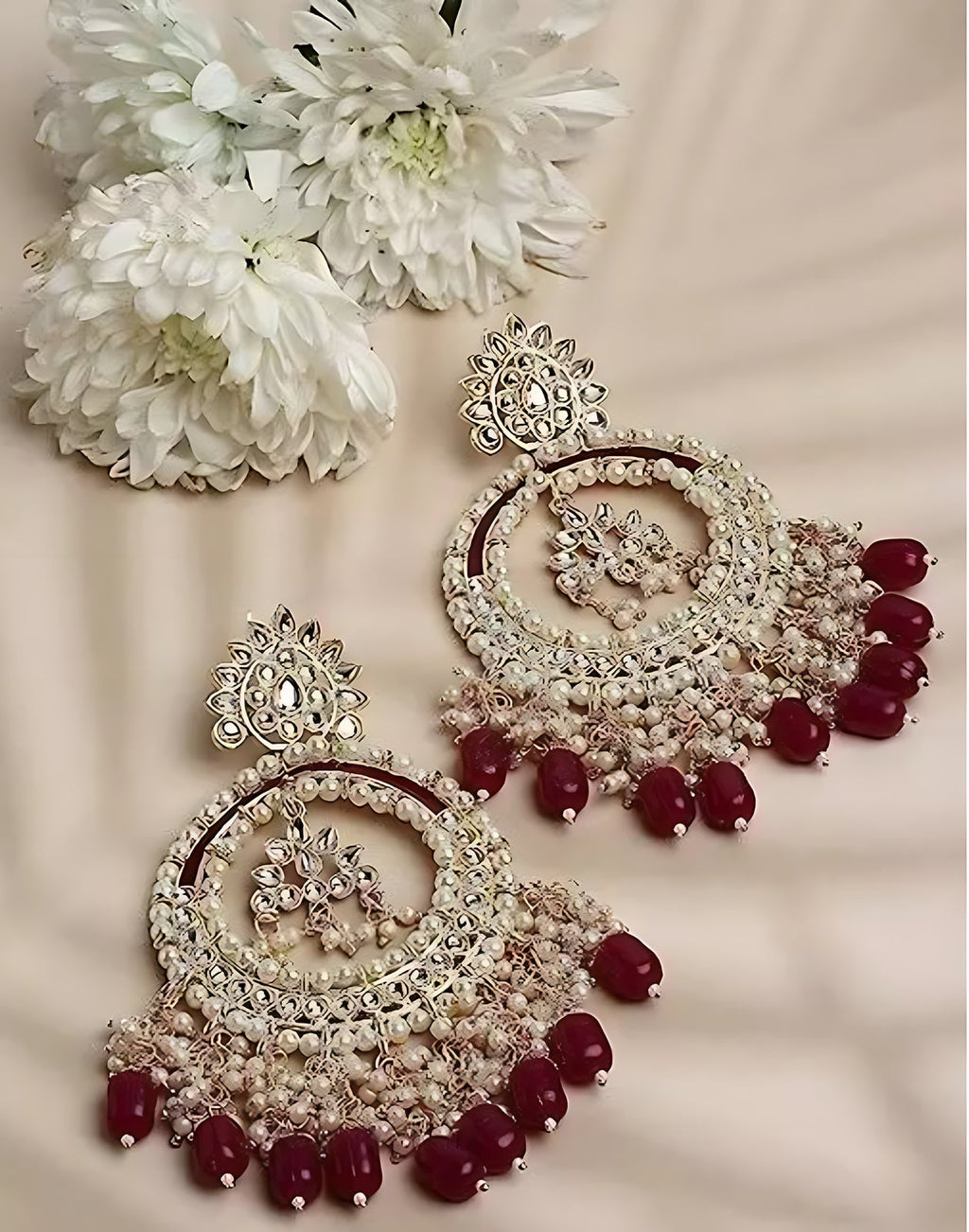 Jewel City Luxury Kundan Pearl Chandbali Earrings with Ruby Drops Traditional Wedding Statement Earrings - Distacart