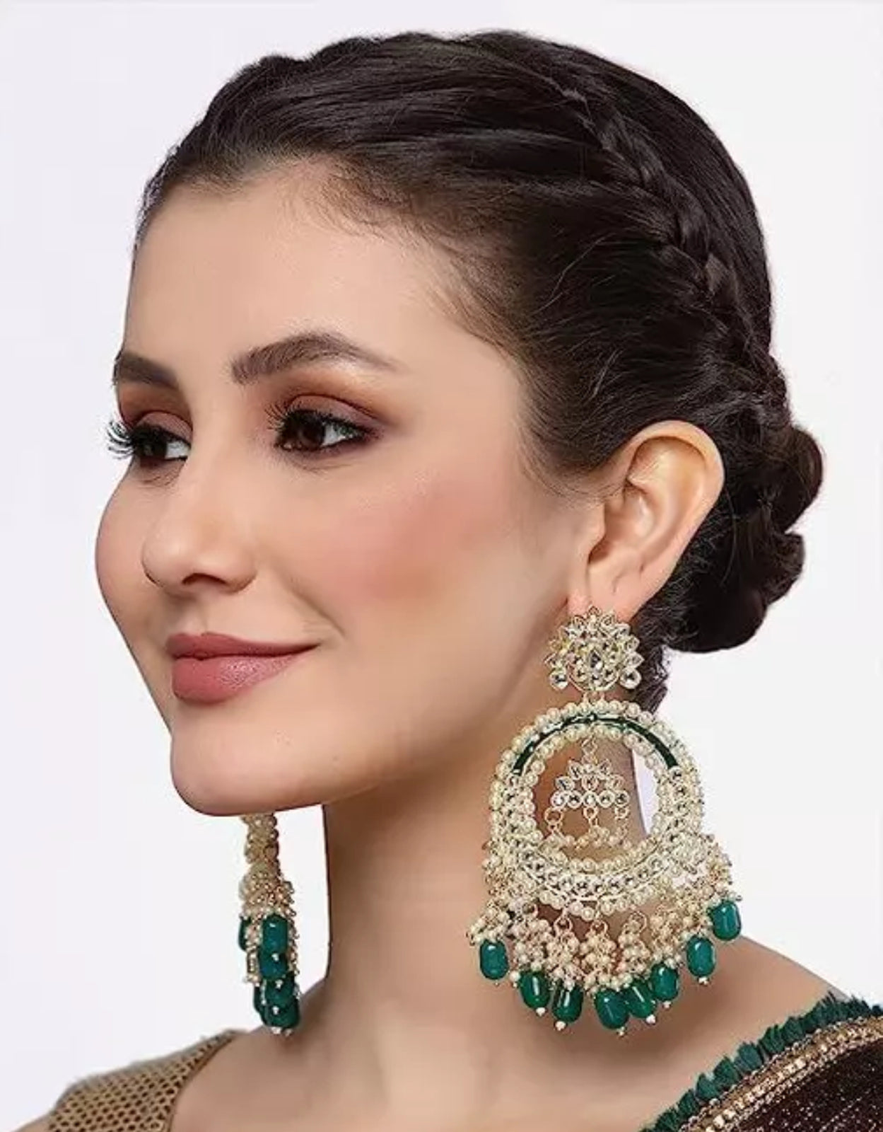 Jewel City Luxury Kundan Pearl Chandbali Earrings with Green Drops Traditional Wedding Statement Earrings - Distacart