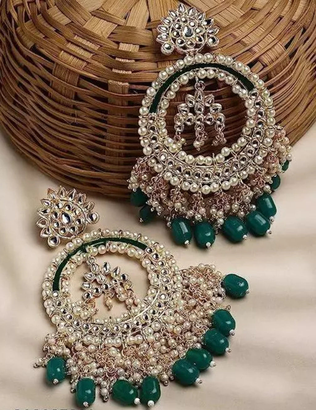 Jewel City Luxury Kundan Pearl Chandbali Earrings with Green Drops Traditional Wedding Statement Earrings - Distacart