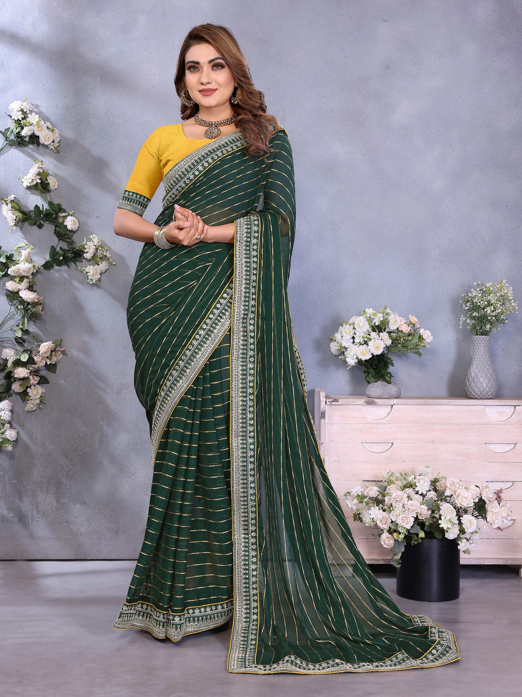 Vedant Vastram Georgette Embroidered & Sequin work Bollywood Fancy Saree - Green