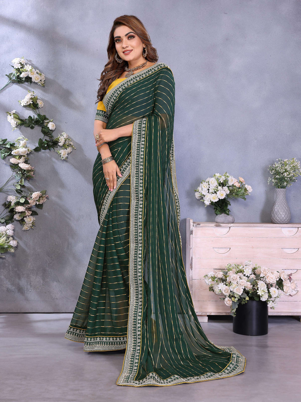 Vedant Vastram Georgette Embroidered & Sequin work Bollywood Fancy Saree - Green