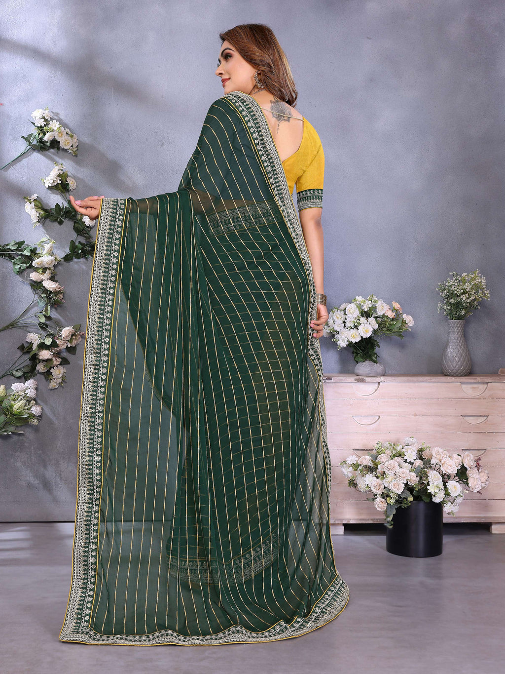 Vedant Vastram Georgette Embroidered & Sequin work Bollywood Fancy Saree - Green