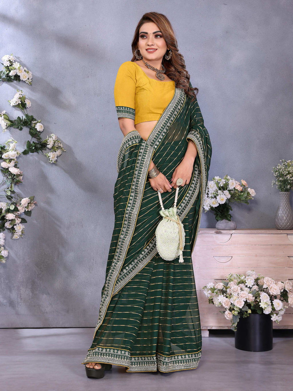 Vedant Vastram Georgette Embroidered & Sequin work Bollywood Fancy Saree - Green