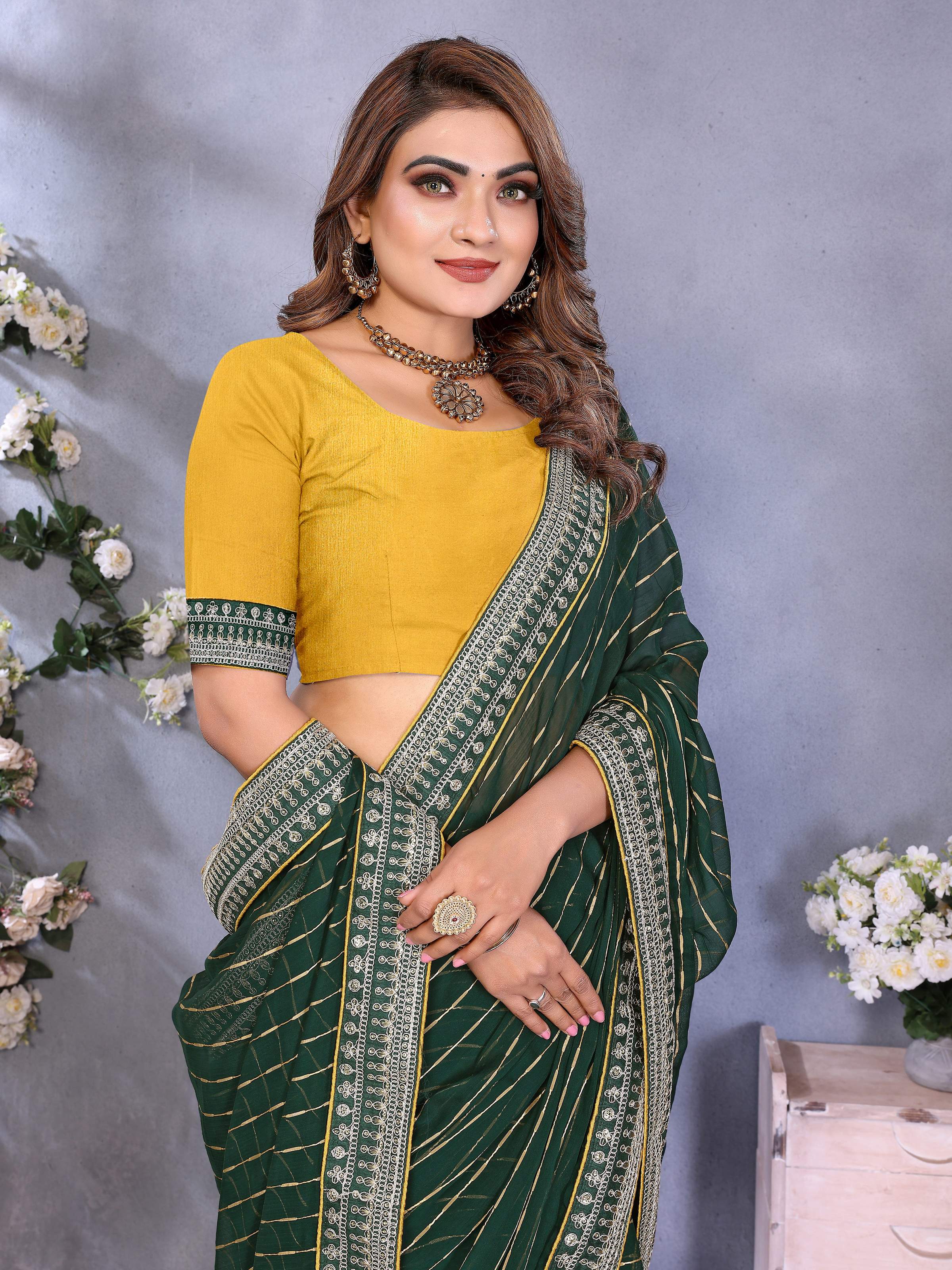 Vedant Vastram Georgette Embroidered & Sequin work Bollywood Fancy Saree - Green