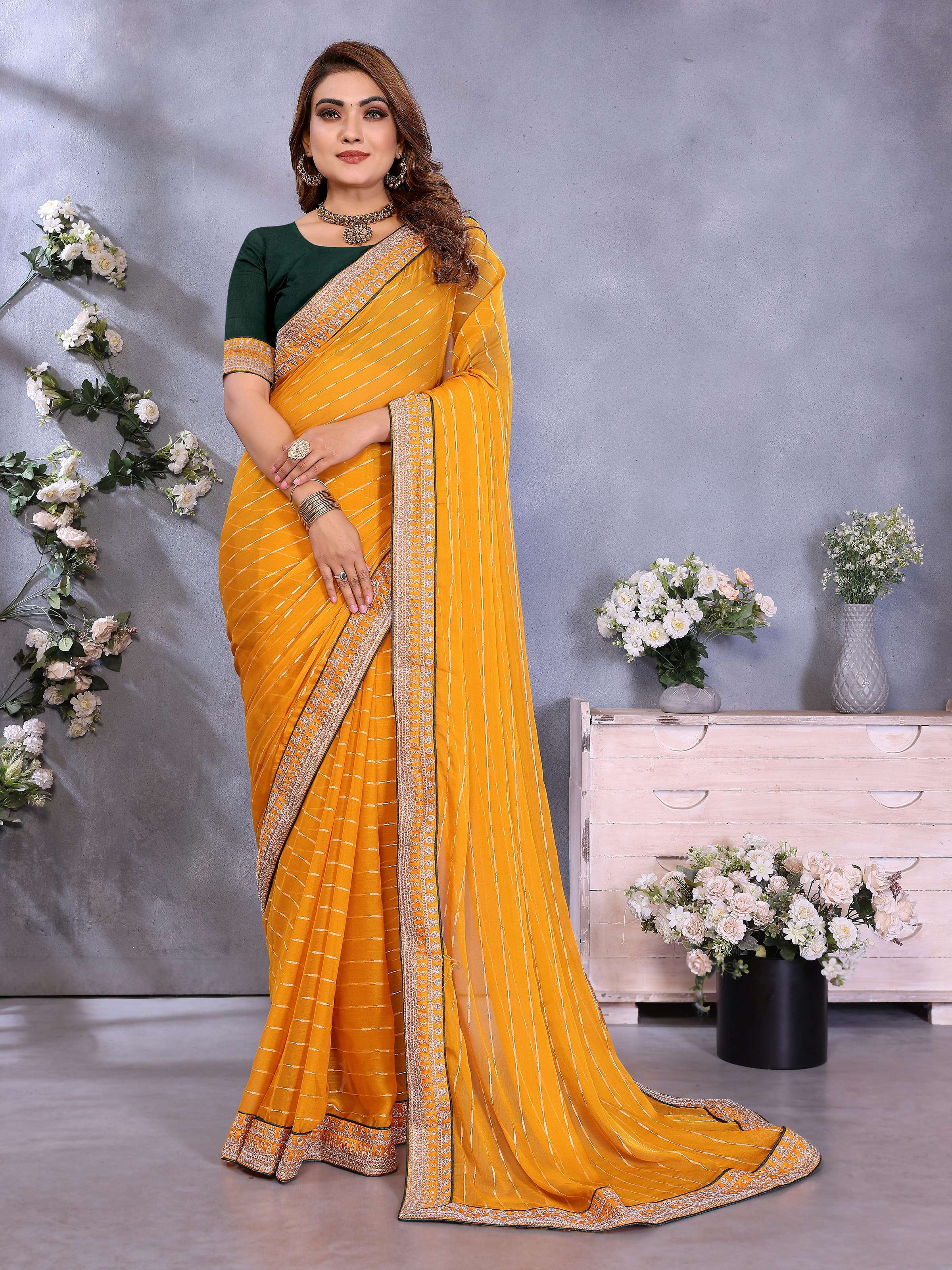 Vedant Vastram Georgette Embroidered & Sequin work Bollywood Fancy Saree - Mustard