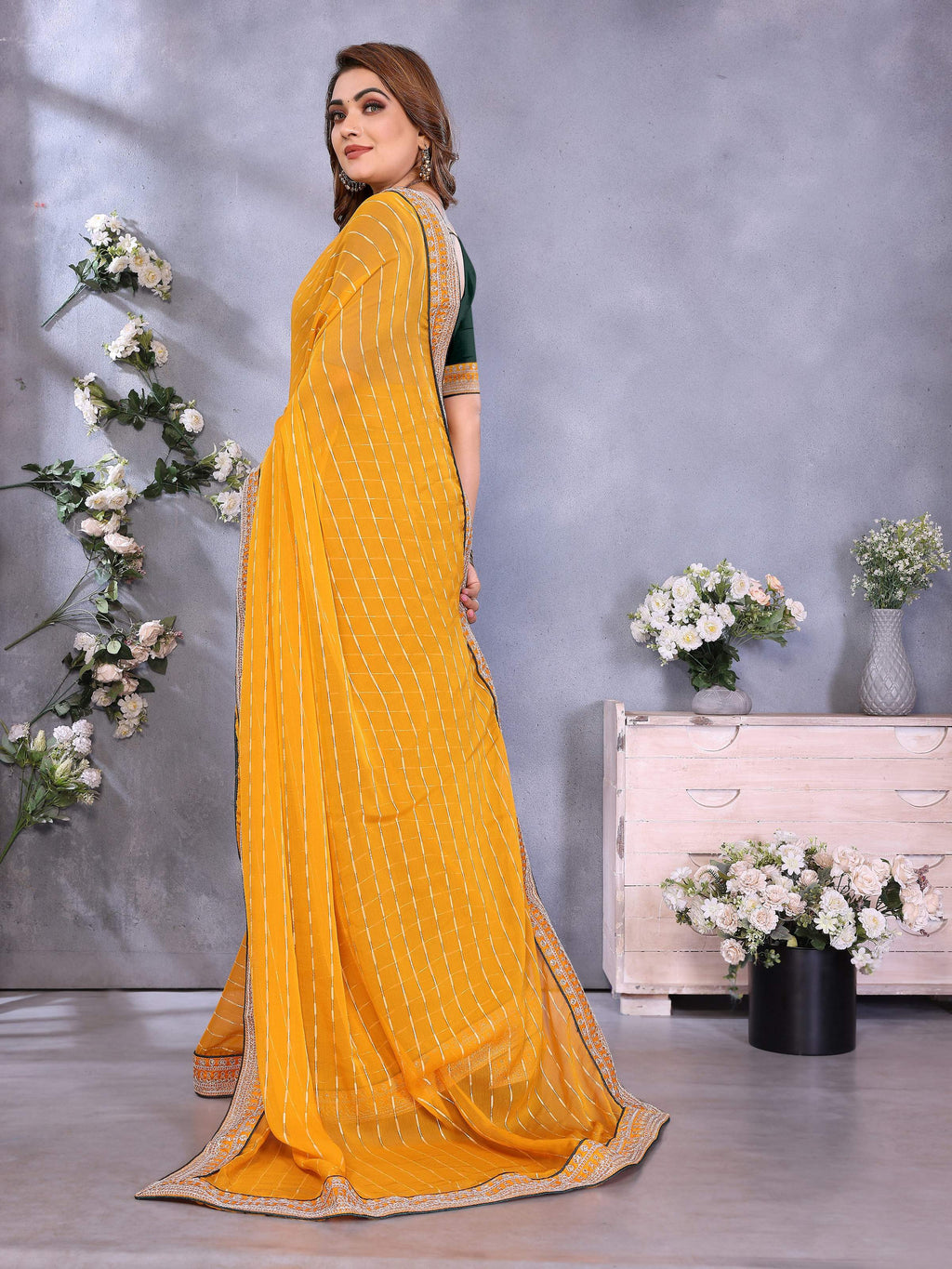 Vedant Vastram Georgette Embroidered & Sequin work Bollywood Fancy Saree - Mustard