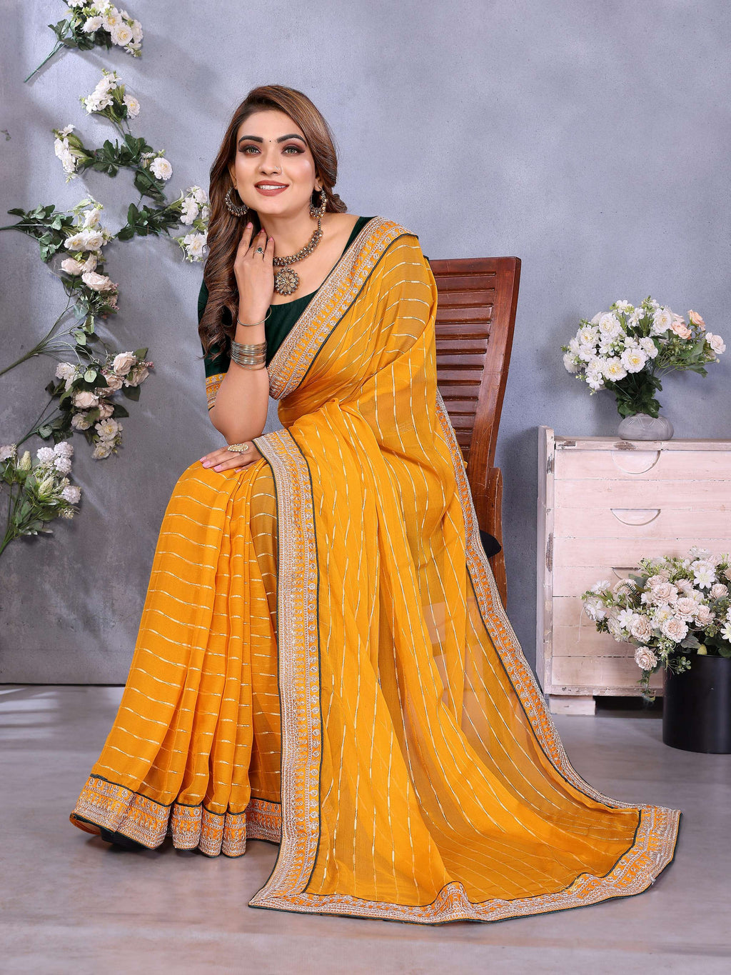 Vedant Vastram Georgette Embroidered & Sequin work Bollywood Fancy Saree - Mustard
