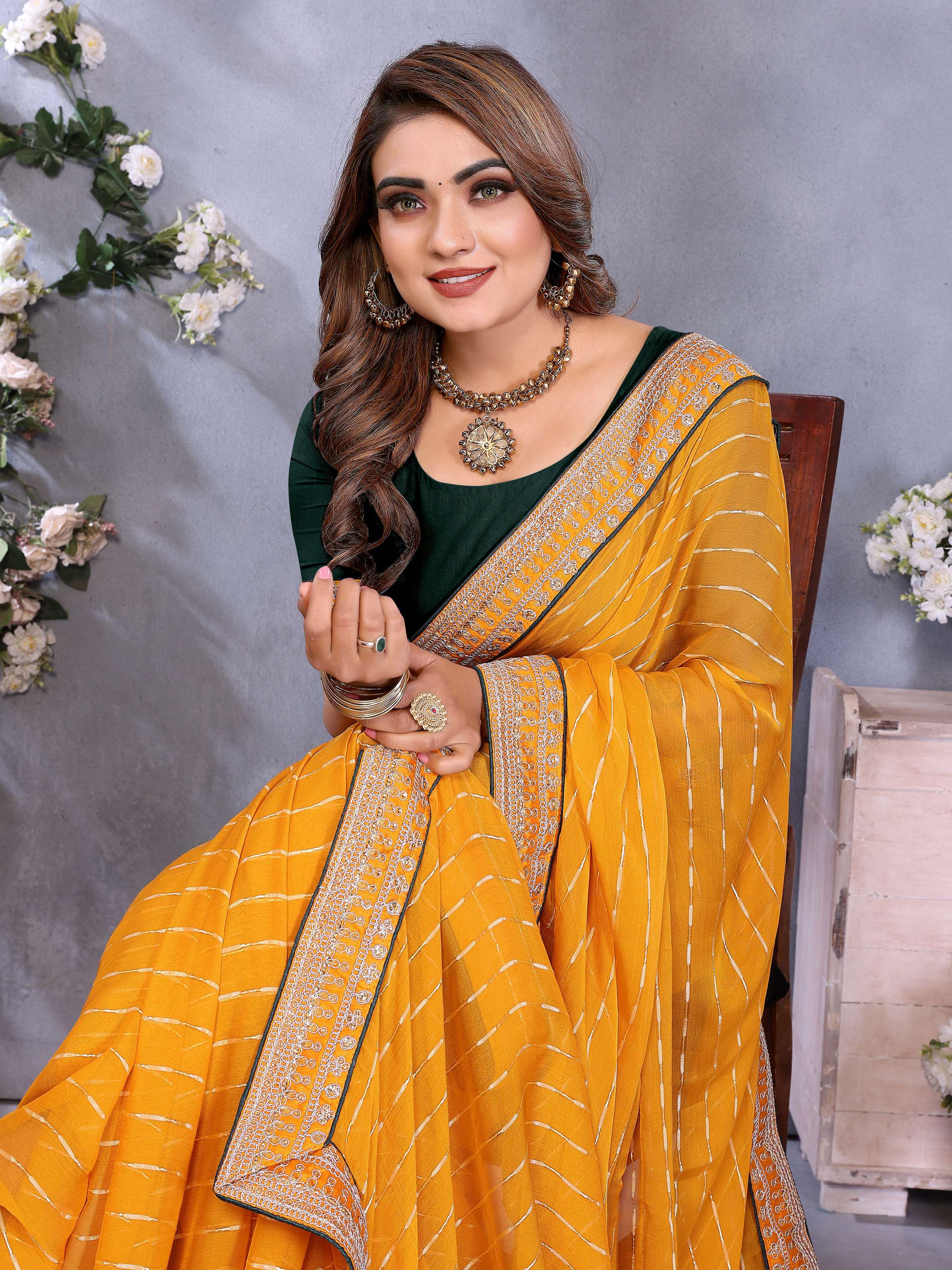 Vedant Vastram Georgette Embroidered & Sequin work Bollywood Fancy Saree - Mustard