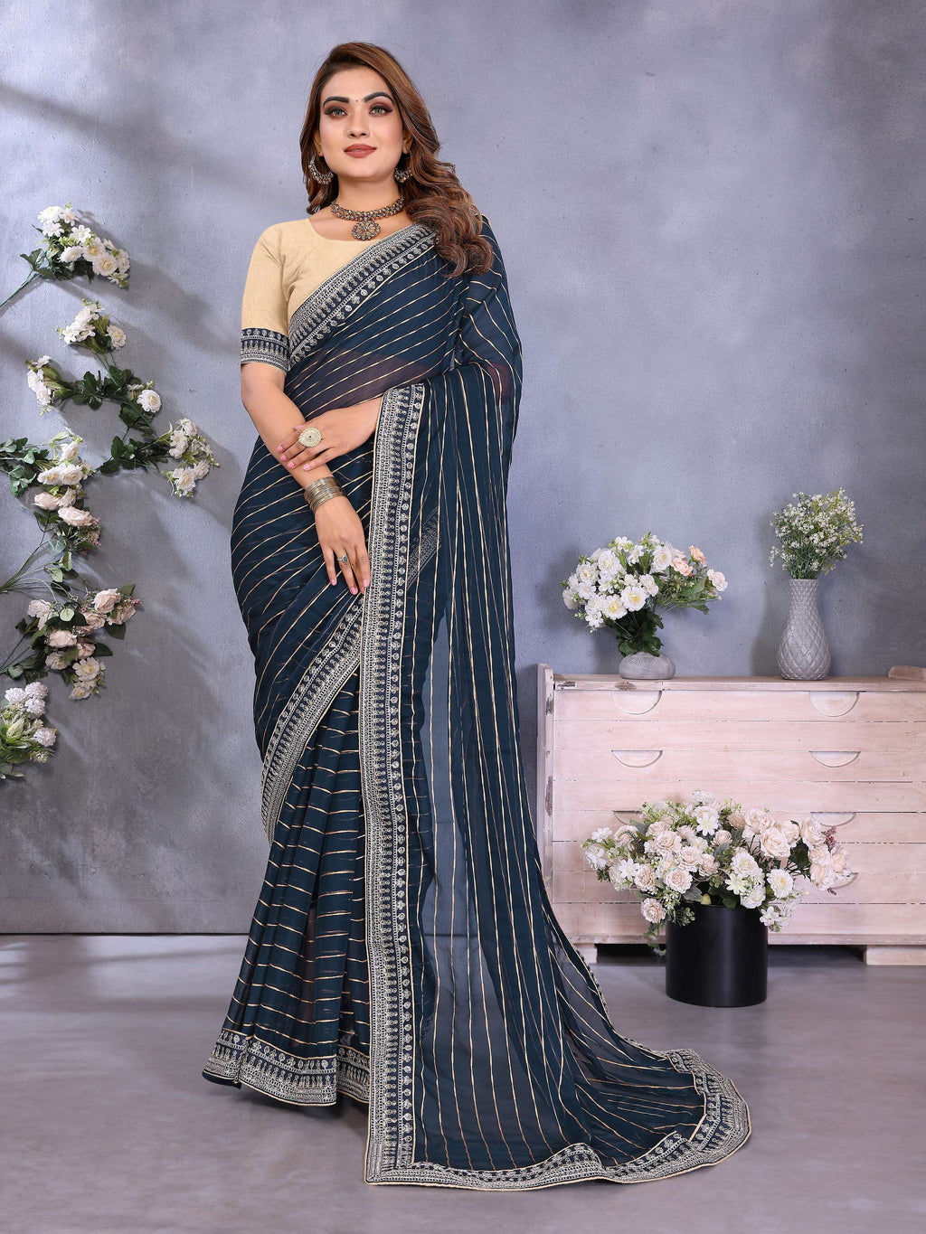 Vedant Vastram Georgette Embroidered & Sequin work Bollywood Fancy Saree - Navy Blue