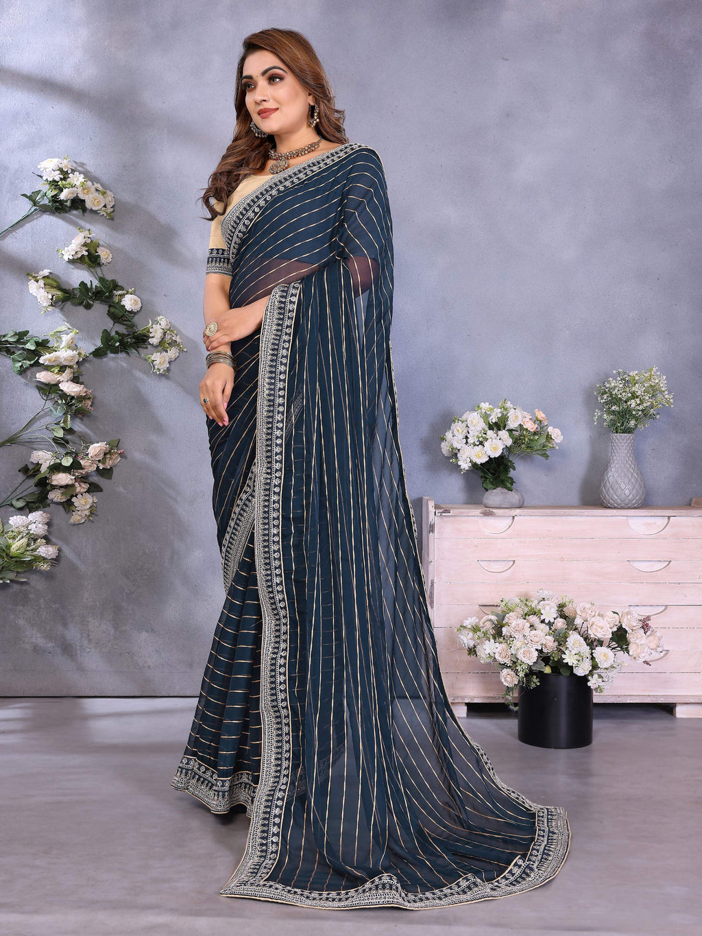 Vedant Vastram Georgette Embroidered & Sequin work Bollywood Fancy Saree - Navy Blue