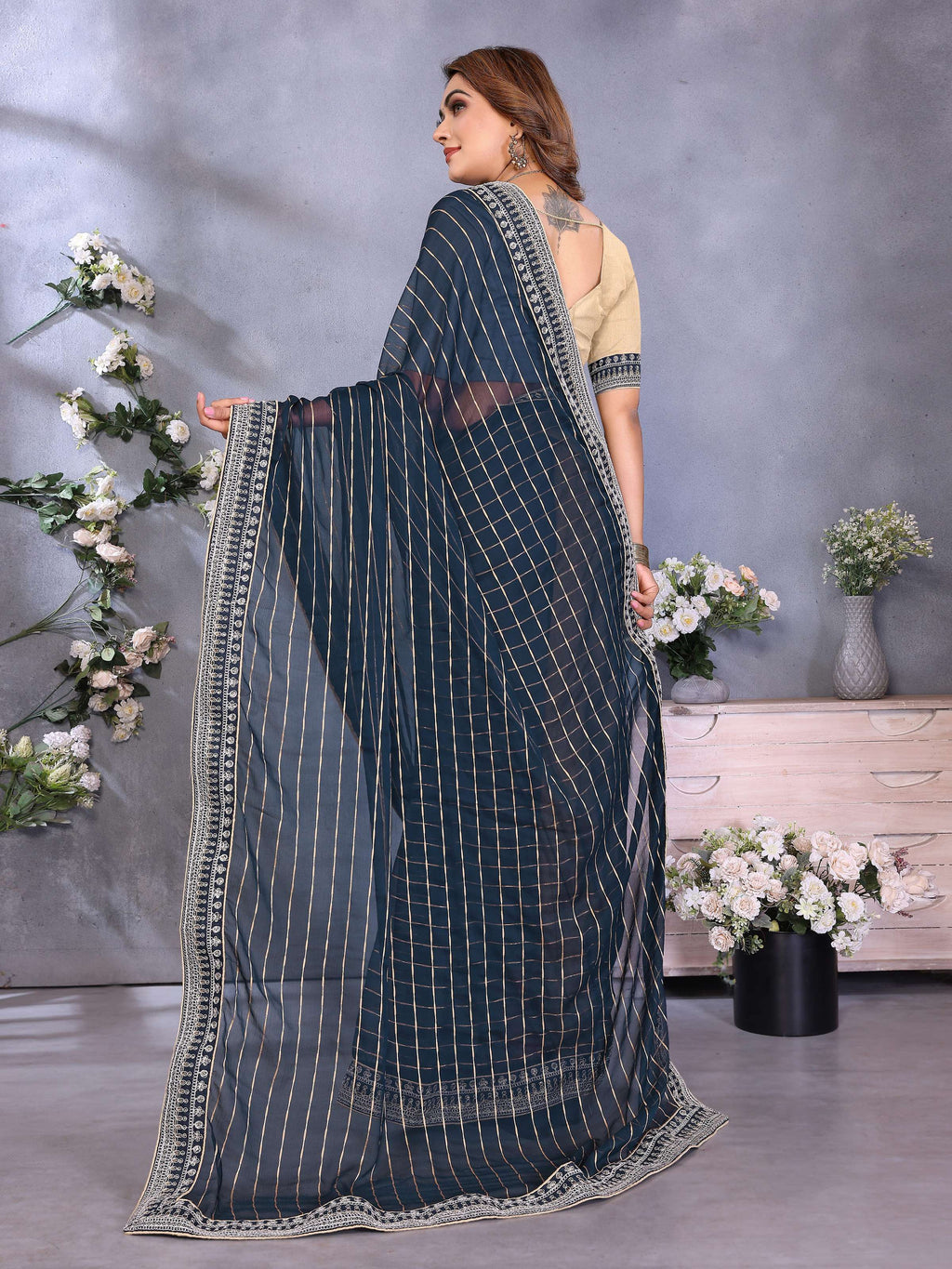 Vedant Vastram Georgette Embroidered & Sequin work Bollywood Fancy Saree - Navy Blue