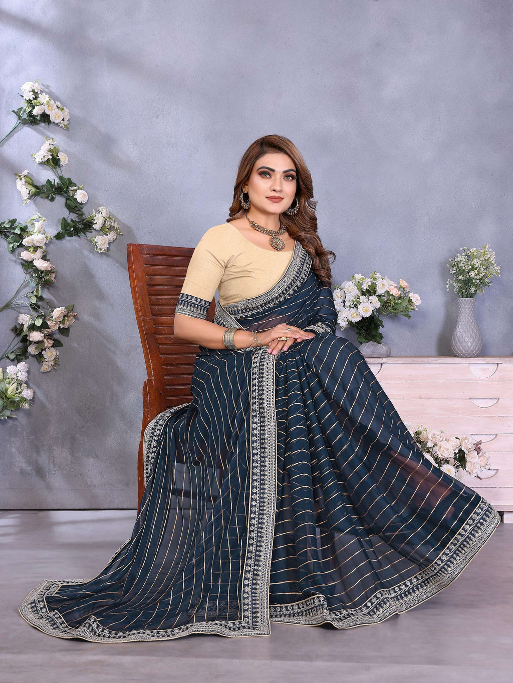 Vedant Vastram Georgette Embroidered & Sequin work Bollywood Fancy Saree - Navy Blue