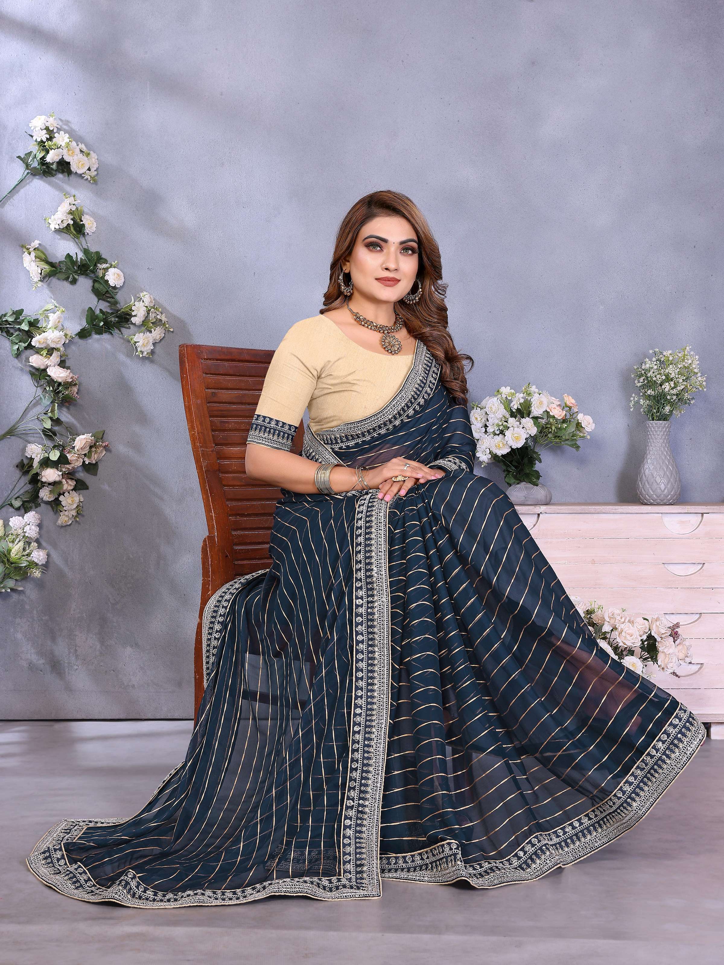 Vedant Vastram Georgette Embroidered & Sequin work Bollywood Fancy Saree - Navy Blue