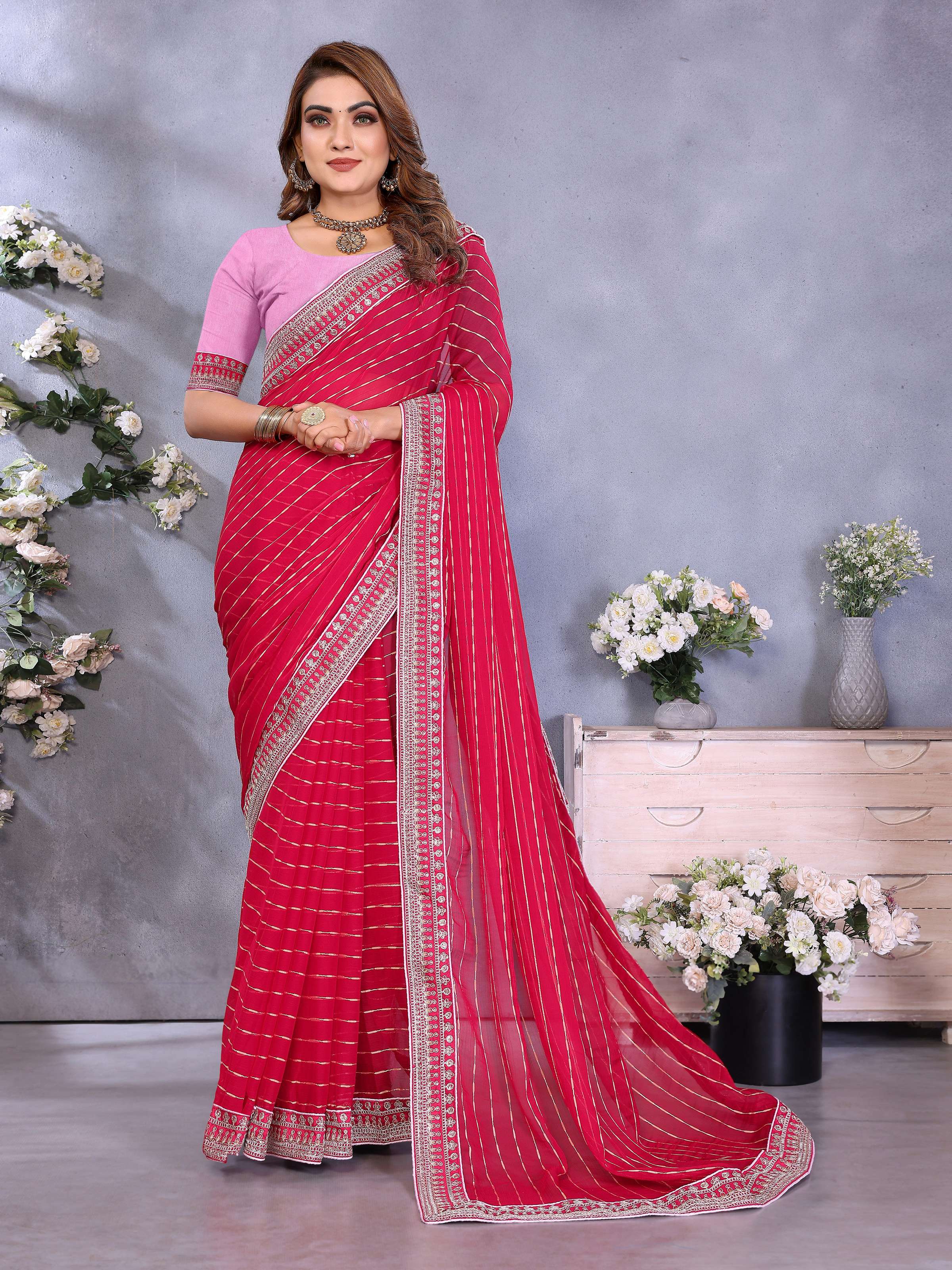 Vedant Vastram Georgette Embroidered & Sequin work Bollywood Fancy Saree - Pink