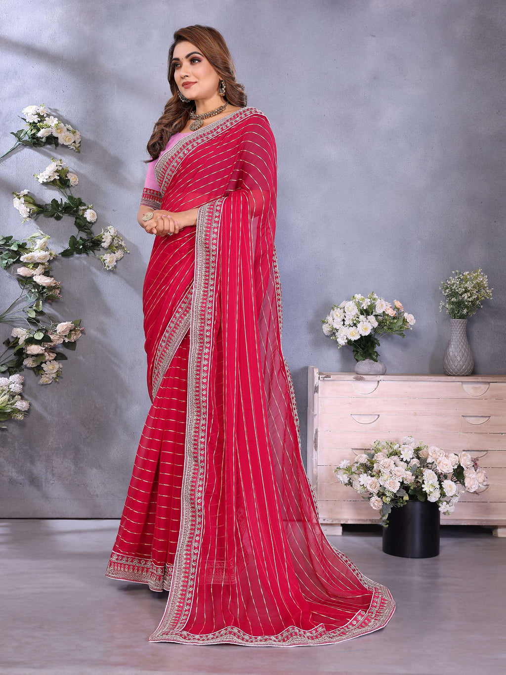 Vedant Vastram Georgette Embroidered & Sequin work Bollywood Fancy Saree - Pink
