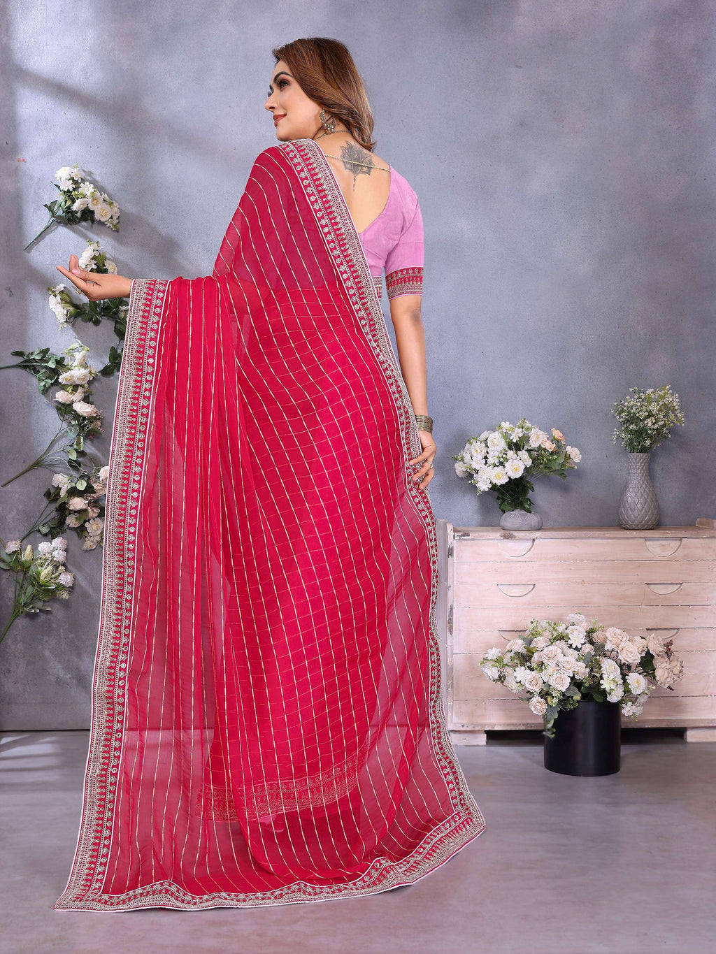 Vedant Vastram Georgette Embroidered & Sequin work Bollywood Fancy Saree - Pink