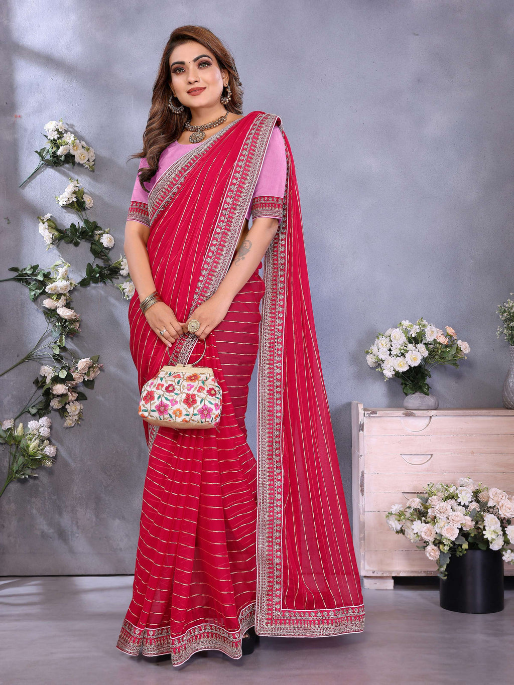 Vedant Vastram Georgette Embroidered & Sequin work Bollywood Fancy Saree - Pink