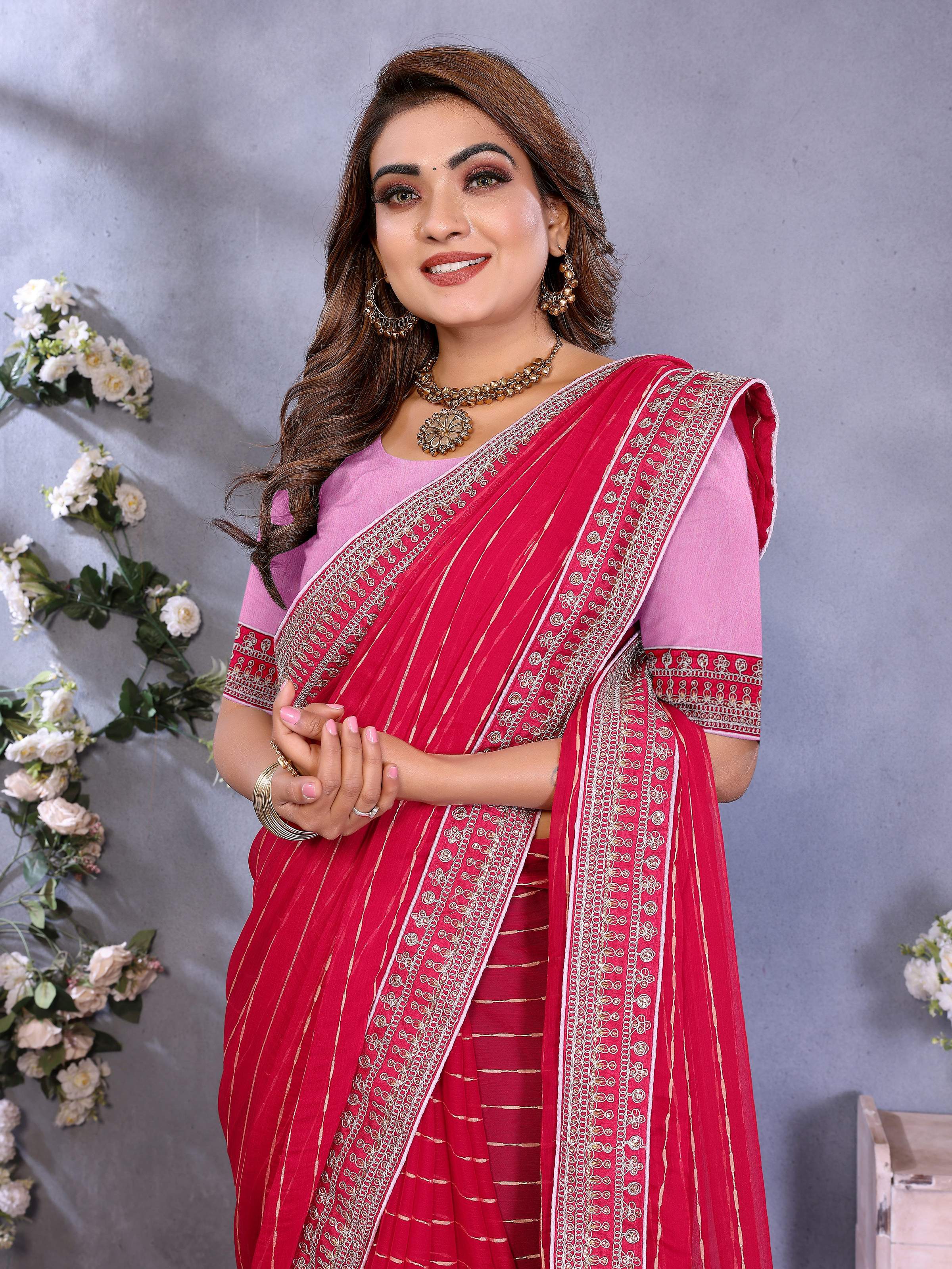 Vedant Vastram Georgette Embroidered & Sequin work Bollywood Fancy Saree - Pink