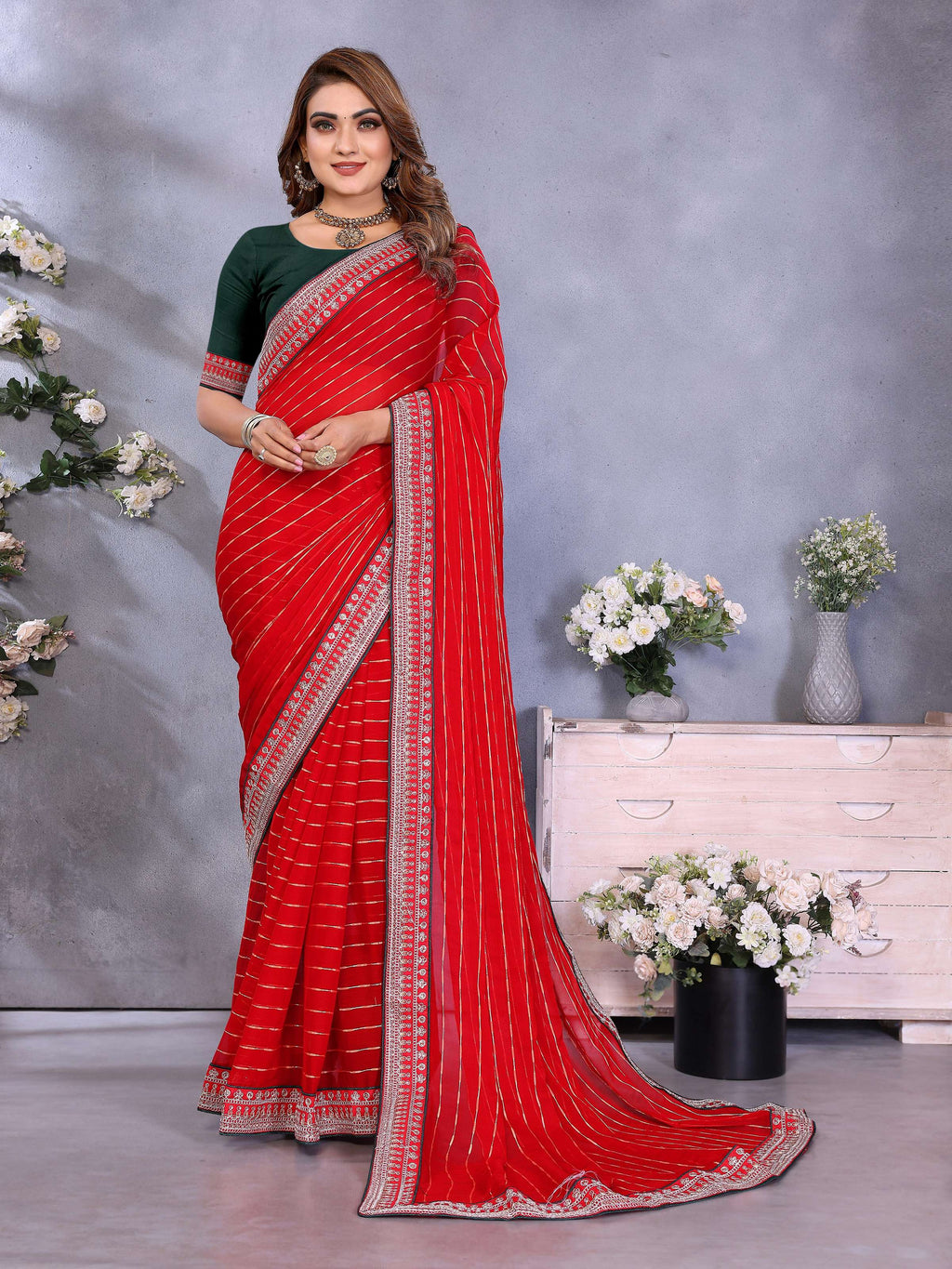 Vedant Vastram Georgette Embroidered & Sequin work Bollywood Fancy Saree - Red