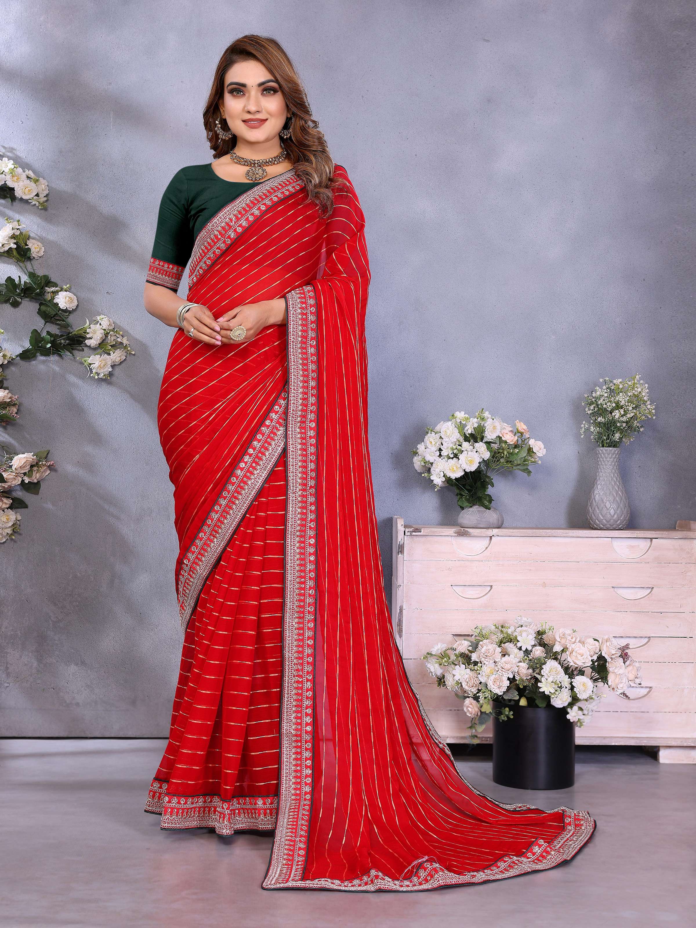 Vedant Vastram Georgette Embroidered & Sequin work Bollywood Fancy Saree - Red