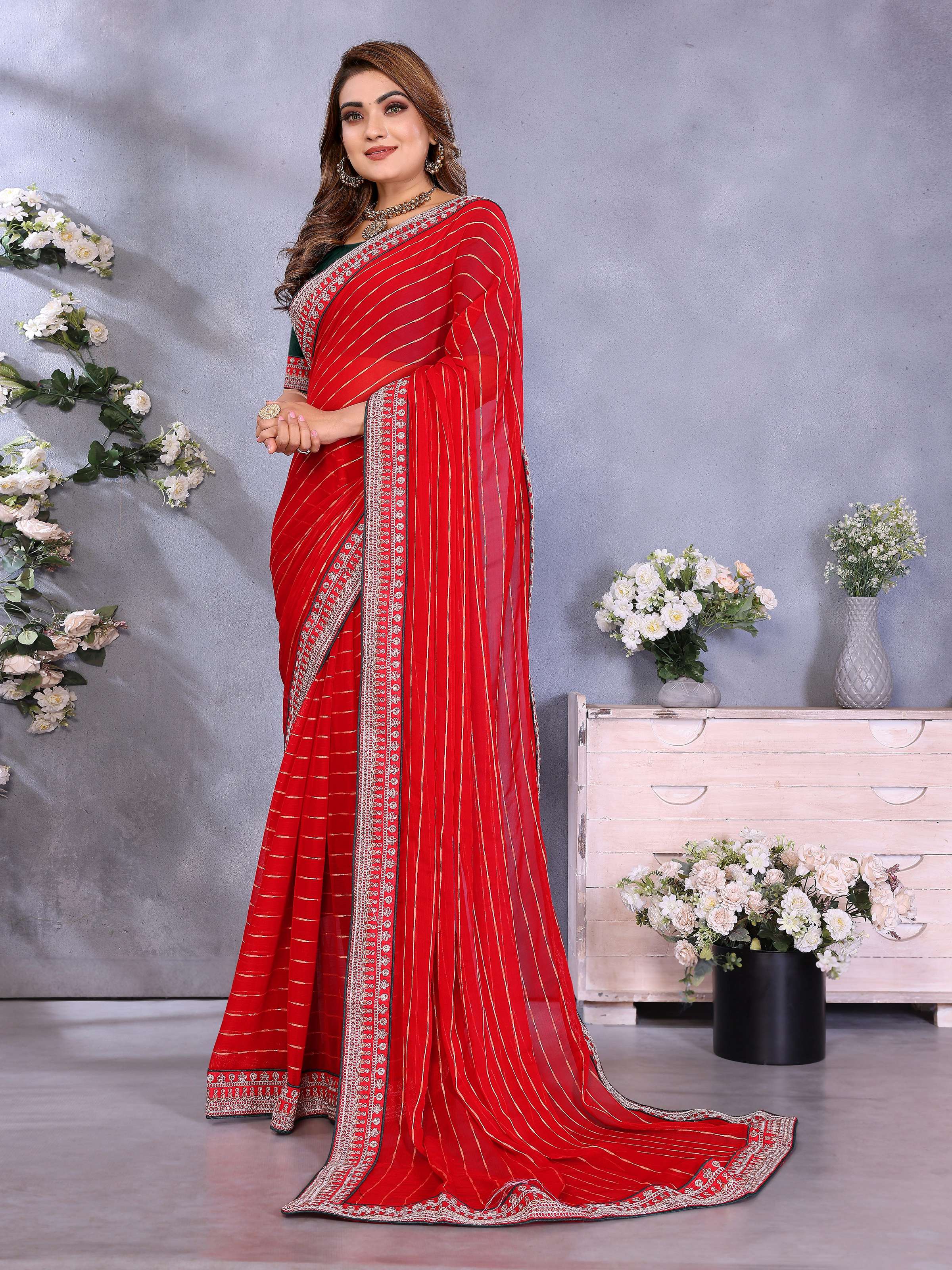 Vedant Vastram Georgette Embroidered & Sequin work Bollywood Fancy Saree - Red