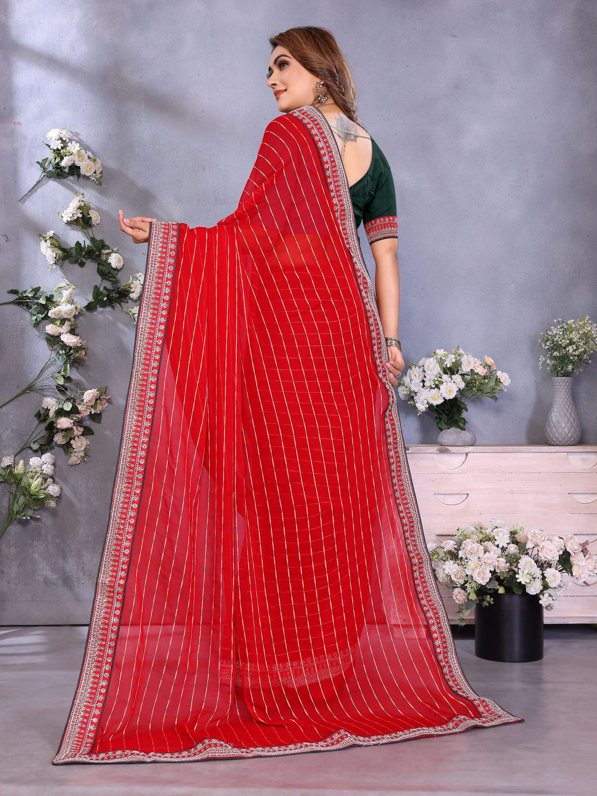 Vedant Vastram Georgette Embroidered & Sequin work Bollywood Fancy Saree - Red