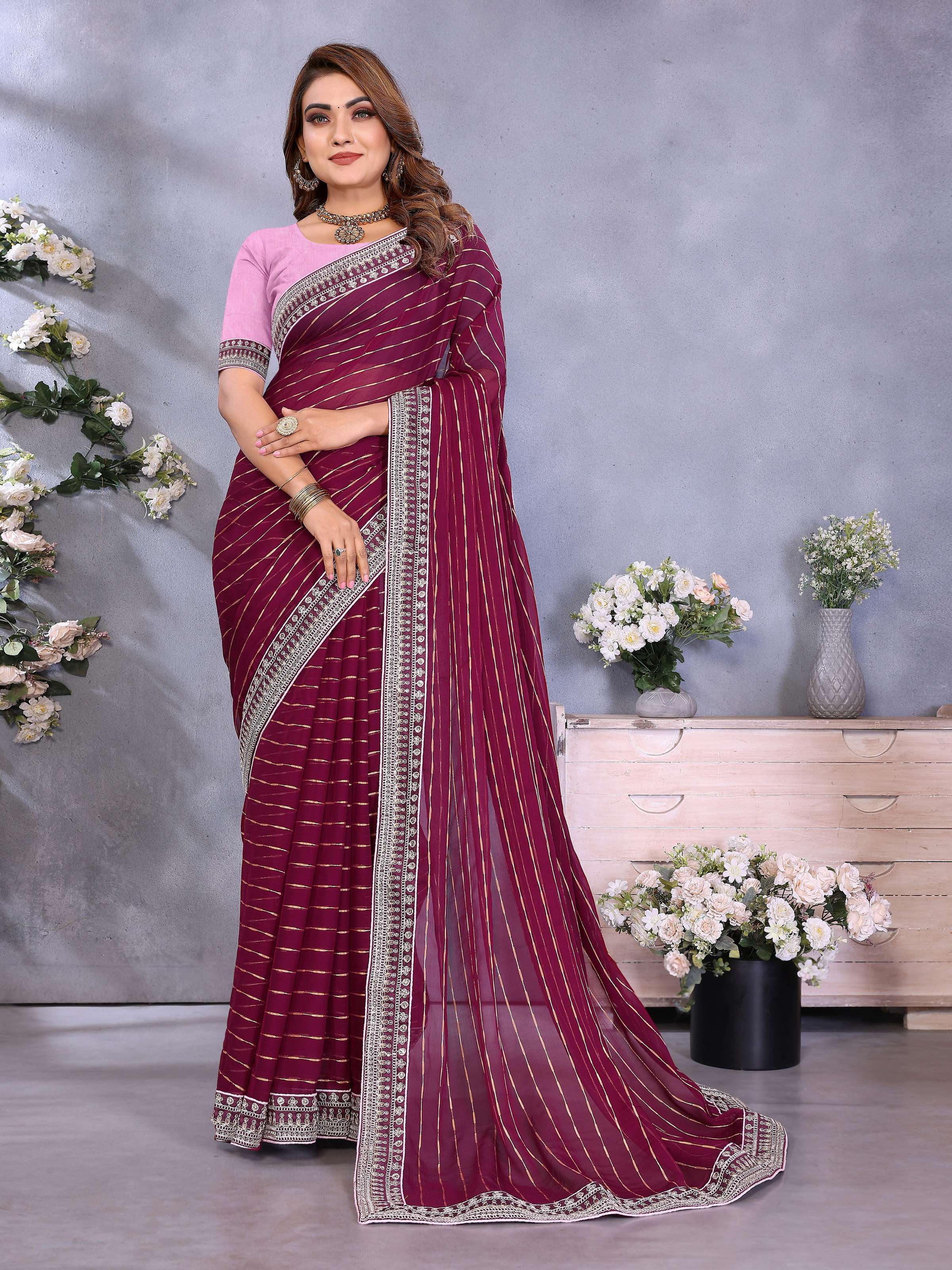 Vedant Vastram Georgette Embroidered & Sequin work Bollywood Fancy Saree - Wine
