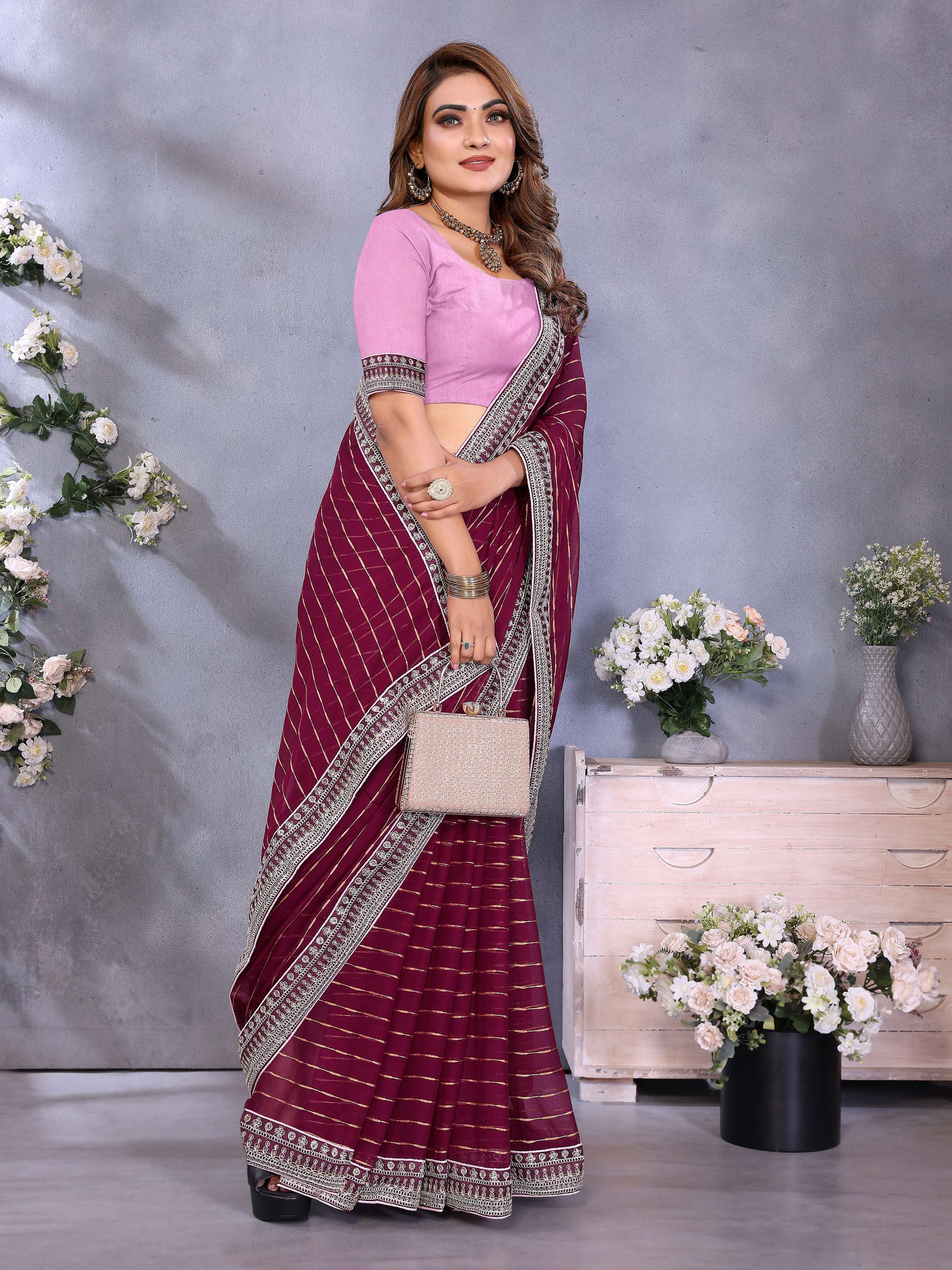 Vedant Vastram Georgette Embroidered & Sequin work Bollywood Fancy Saree - Wine